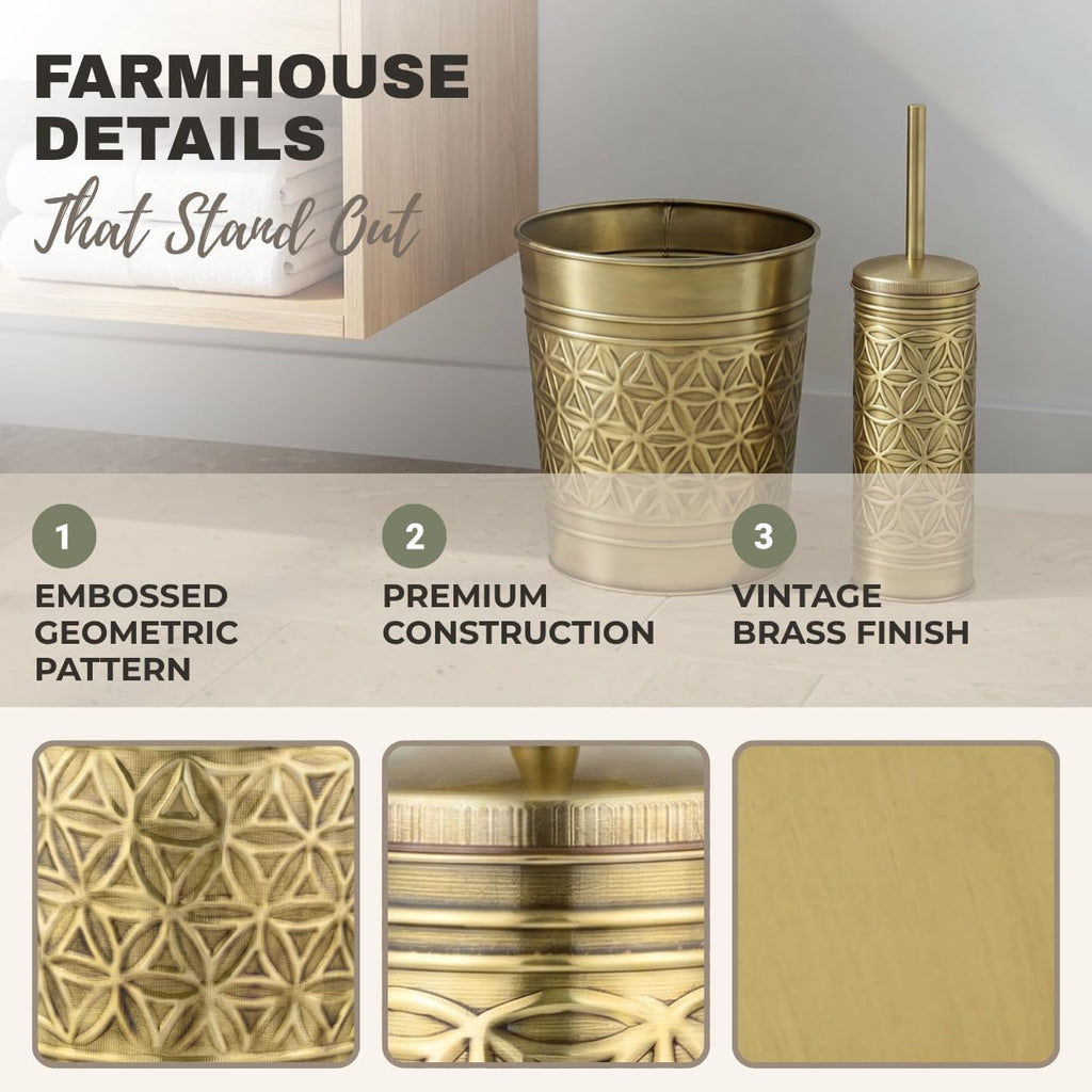 Autumn Alley Toilet Brush and Holder Set with Brushed Brass Bathroom Trash Can – Brass Bathroom Accessories Garbage Can Set for Rustic and Modern Bathroom Décor
