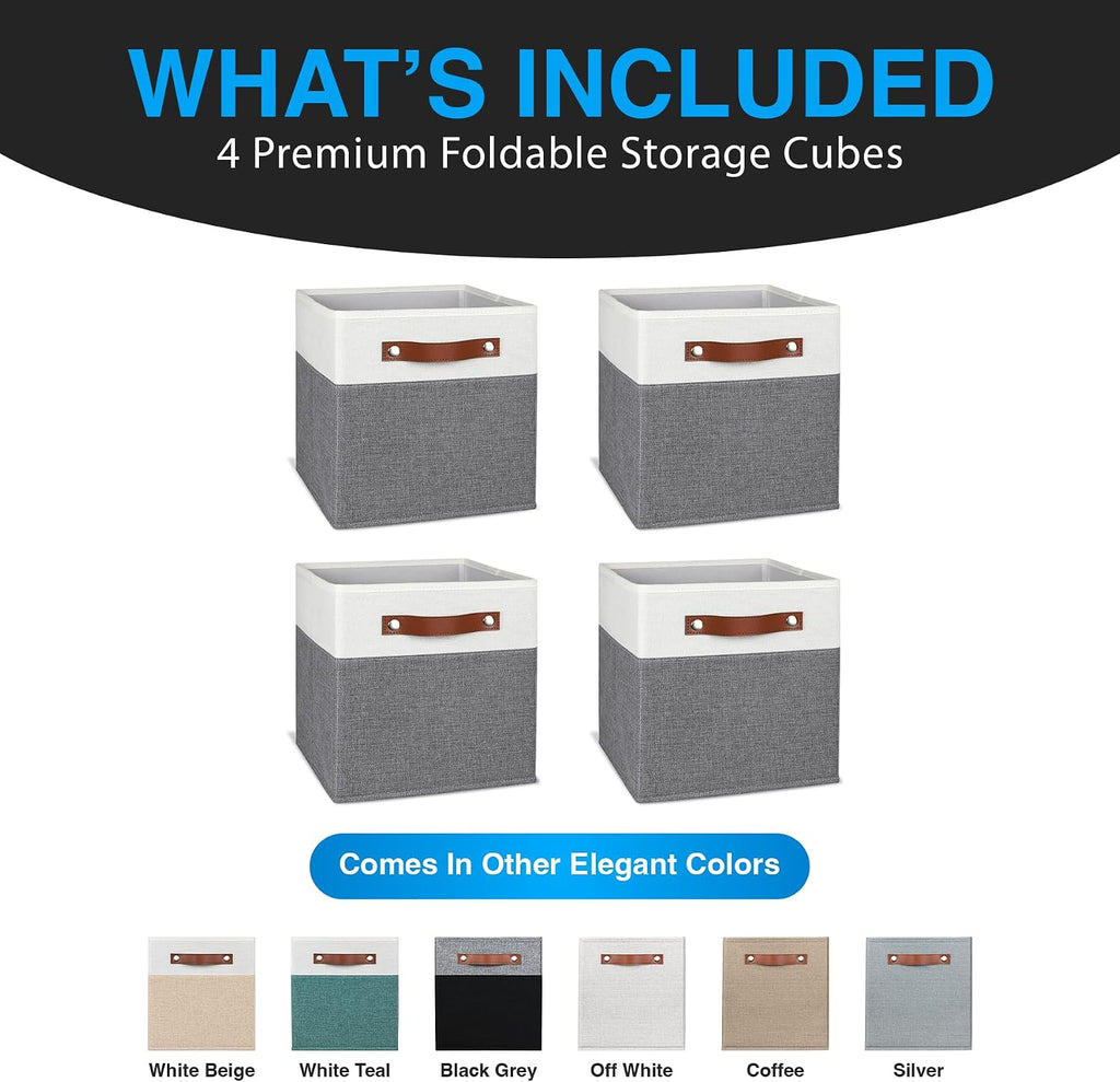 11 Inch Cube Storage Bin - 4 Pack - Linen Fabric 11x11 Cube Storage Bins for Bedroom, Living Room, Clothes and Toys; Foldable, Dual Leather Handles
