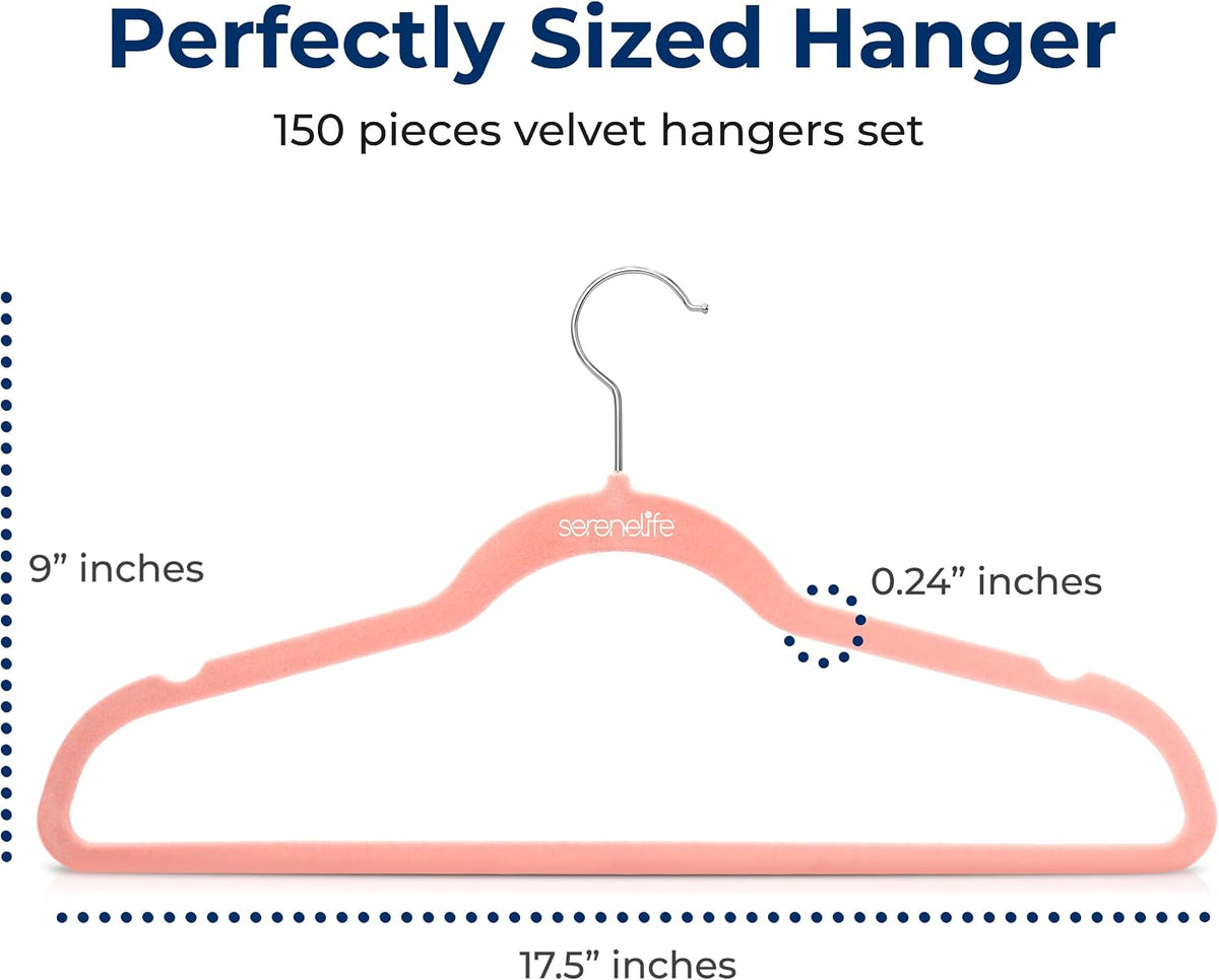 SereneLife 150 Pack Velvet Clothes Hangers | Organize Shirts, Dresses & Coats with Ease | Non-Slip, Lightweight Recycled ABS, 360° Swivel Hook, Ultra-Thin 0.24-Inch Profile, 10 Lbs Capacity | Pink