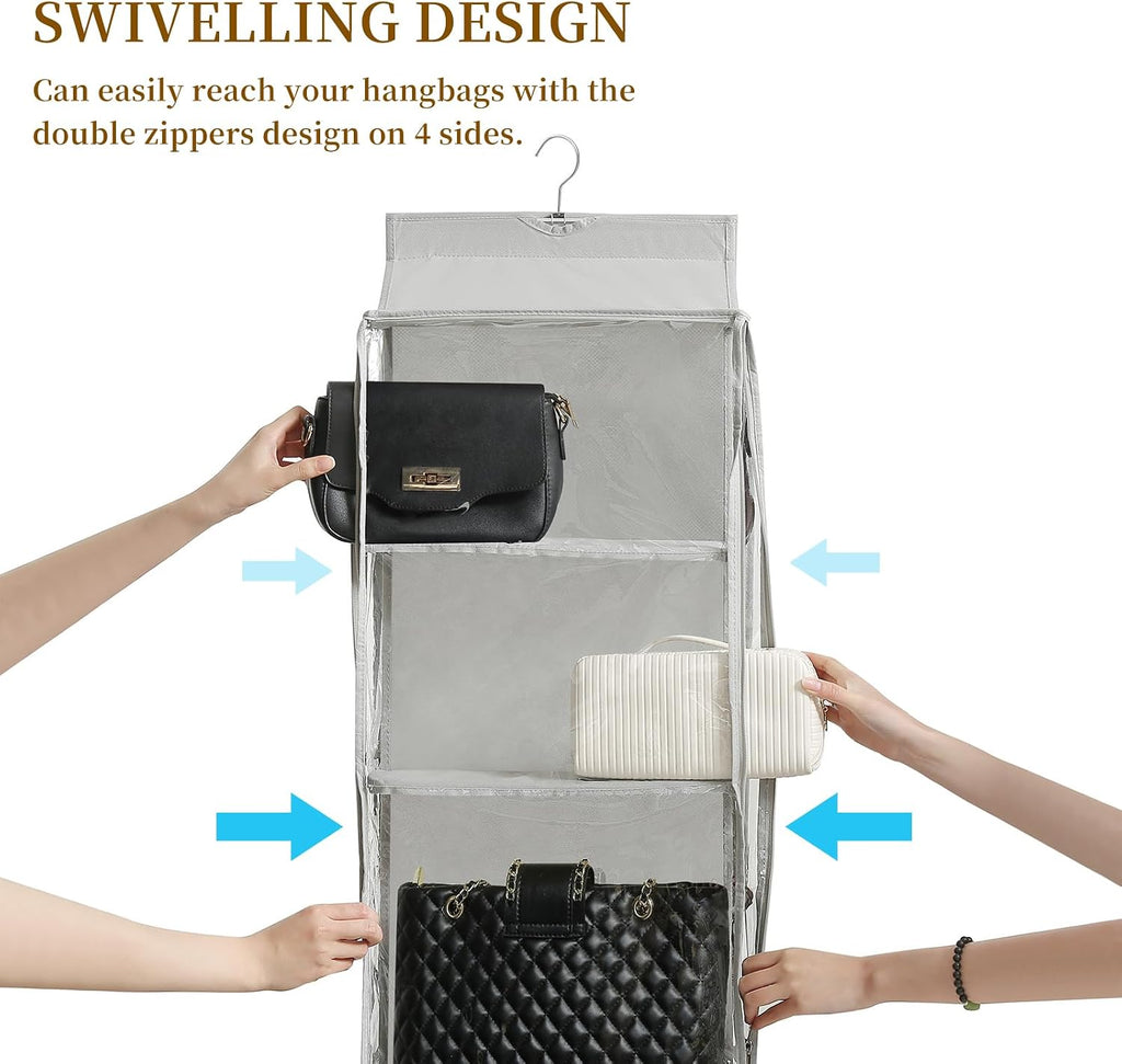 8 Grids in 1 Rotatable Hanging Purse Handbag Organizer with Double Zippers, Visible Purse Organizer for Closet, Fully Enclosed Handbag Storage Holder