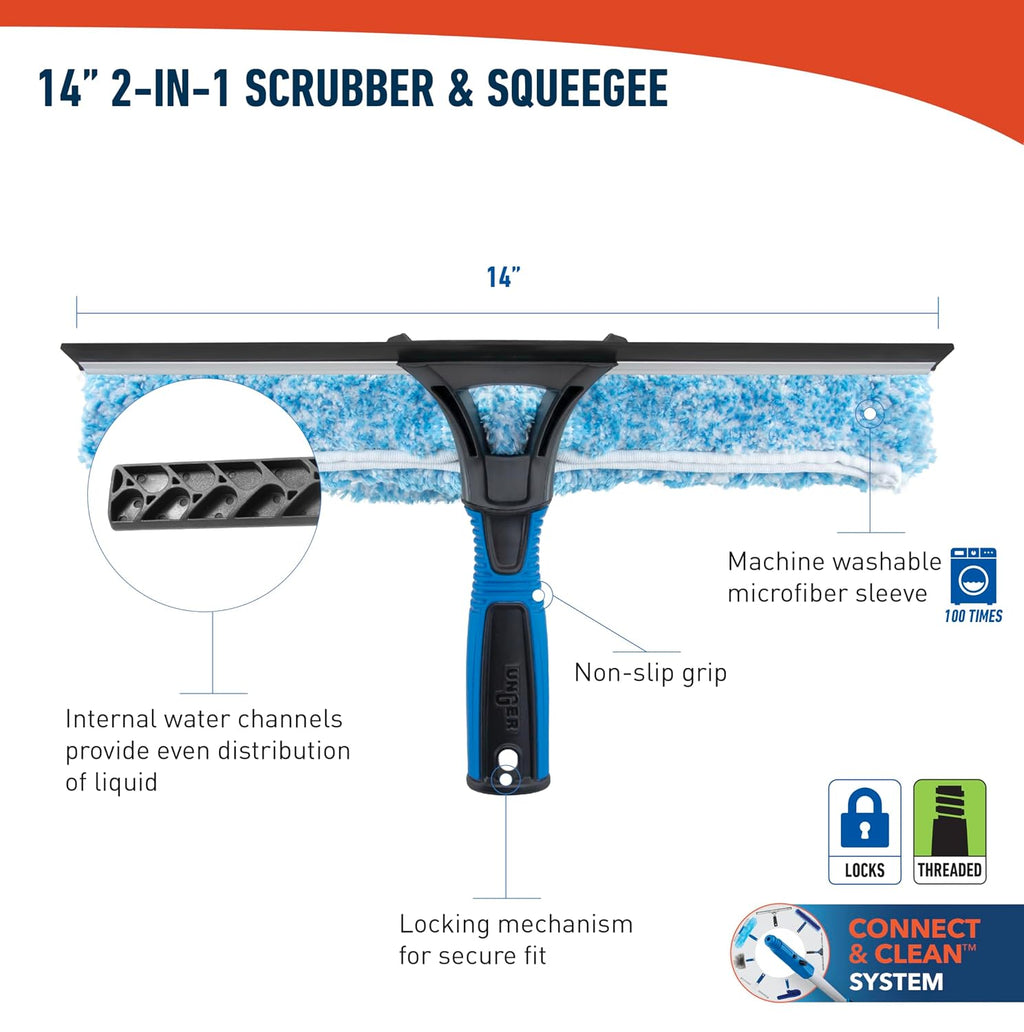 Unger Professional 2-in-1 Squeegee and Scrubber, 14” Window Cleaning Tool and 8’ Connect & Clean Pole, Essential Glass Supplies for Commercial and Residential Use, Microfiber Sleeve