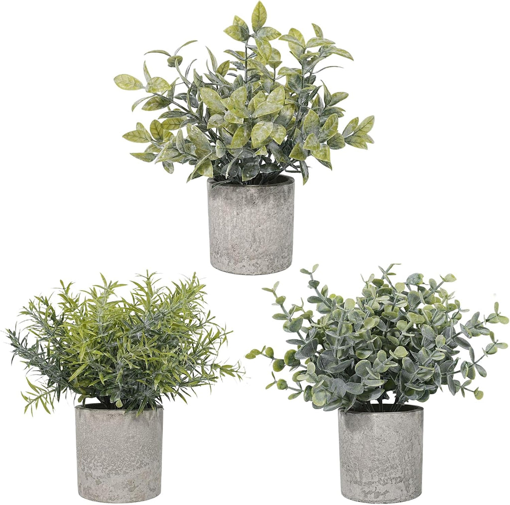Velener Set of 3 Small Fake Plants Eucalyptus, Artificial Plants Indoor for Shelf, Potted Eucalyptus Plants for Home/Bathroom/Pottery Barn/Desk/Farmhouse/Coffee Table Decor (Frosted Green)