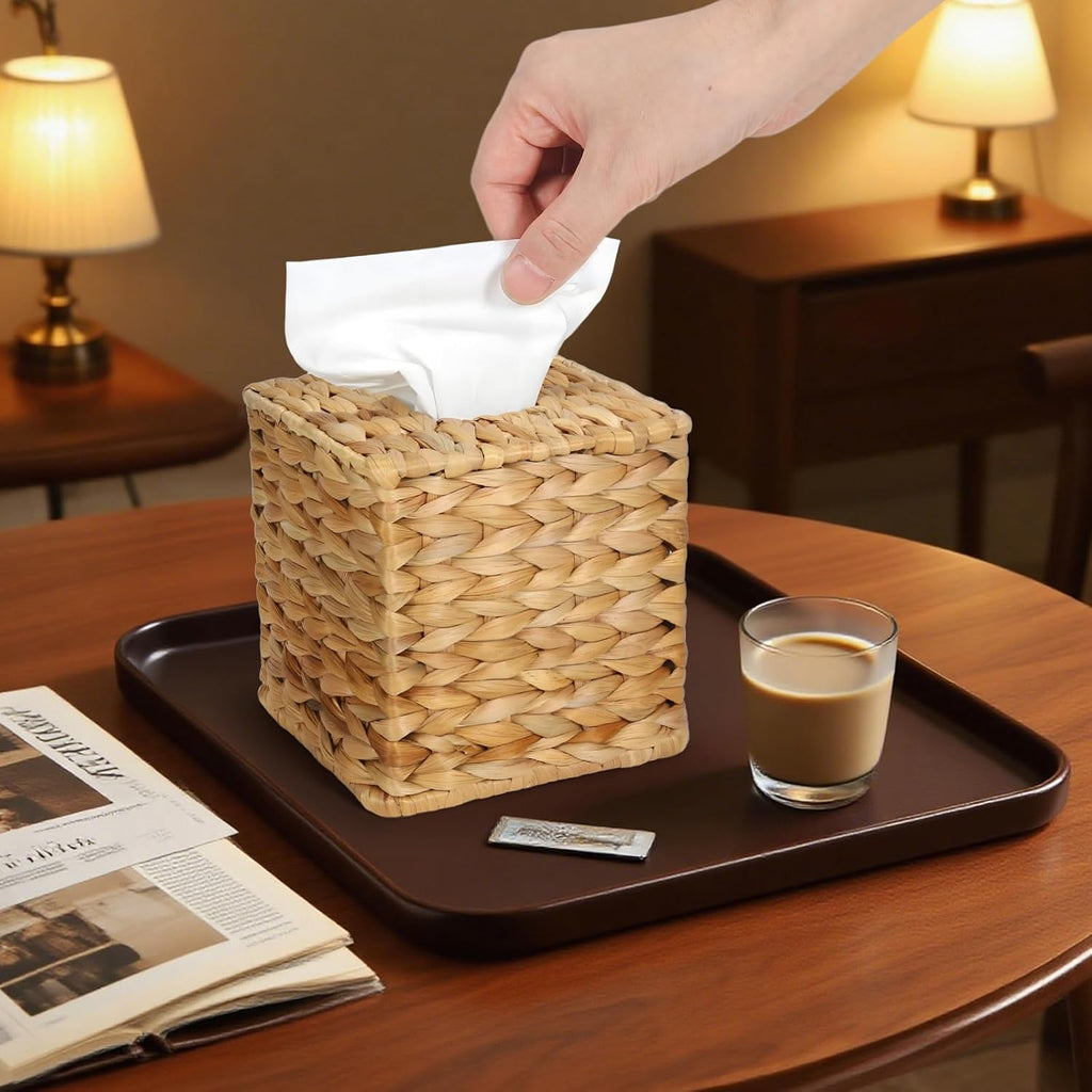 Water Hyacinth Square Tissue Box Cover - Handwoven Natural Fiber Decorative Tissue Holder for Living Room, Bedroom, Bathroom, Fits Standard Square Tissue Boxes, Farmhouse Home Organizer