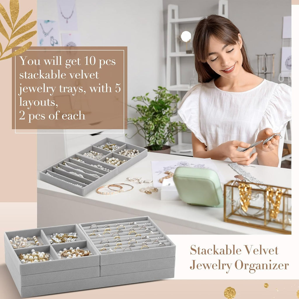 Cinnvoice Set of 10 Stackable Jewelry Organizer Tray for Drawer, Gray