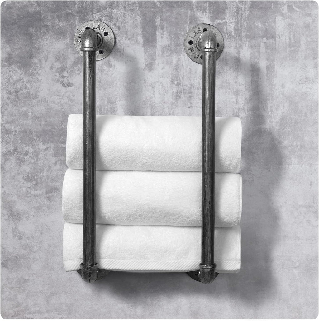 HouseAid Industrial Pipe Towel Rack, Farmhouse Bathroom Towel Storage Holder, Vintage Style Towel Organization, Wall Mounted, Antique Silver