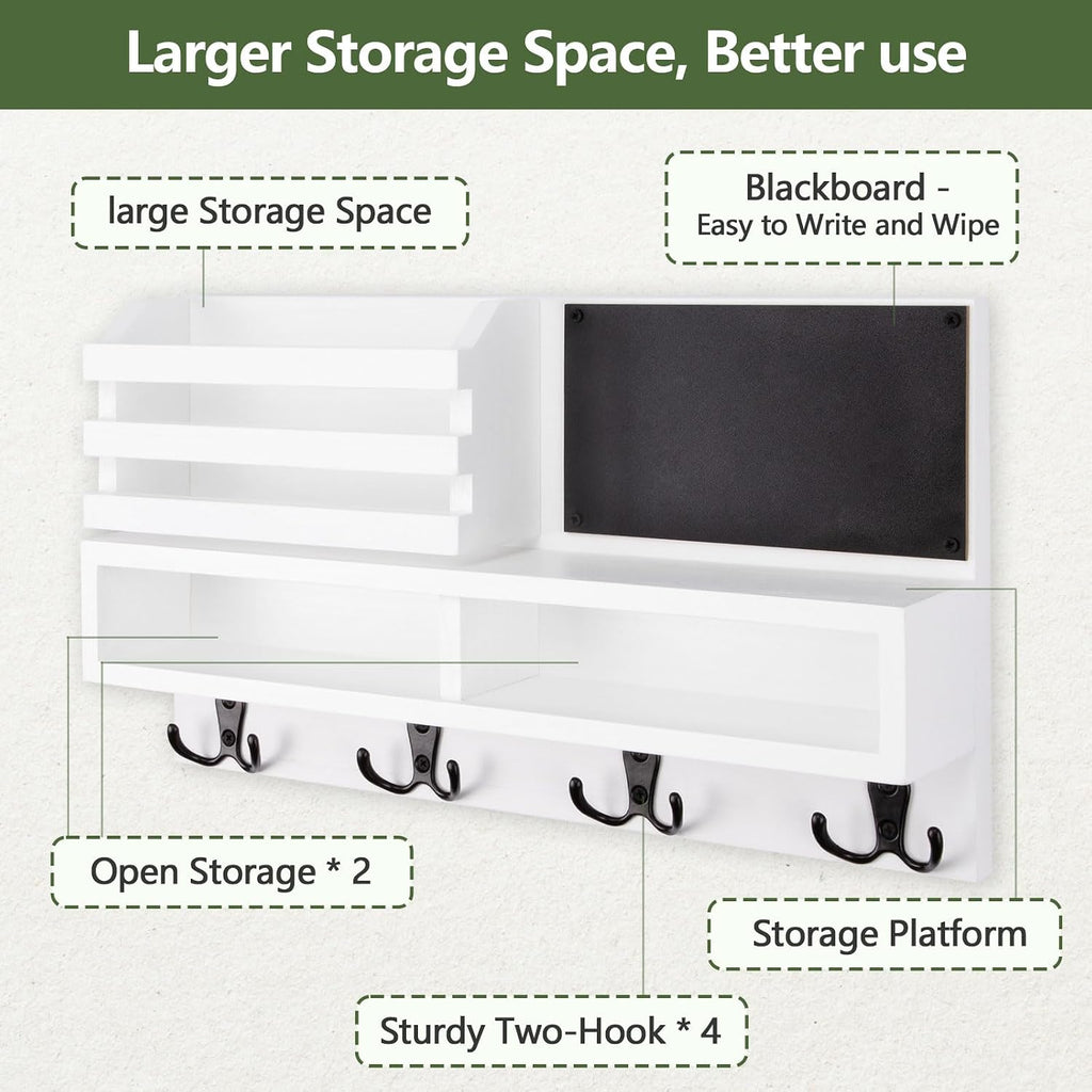 Key Holder for Wall, Wall Mounted Mail Holder Wooden with Shelf & 3 Liquid Chalks & Chalkboard, Mail Sorter Organizer, Rustic Home Decor - Entryway Living Room (15.98”W x 9.1”H x 3.3”D), White