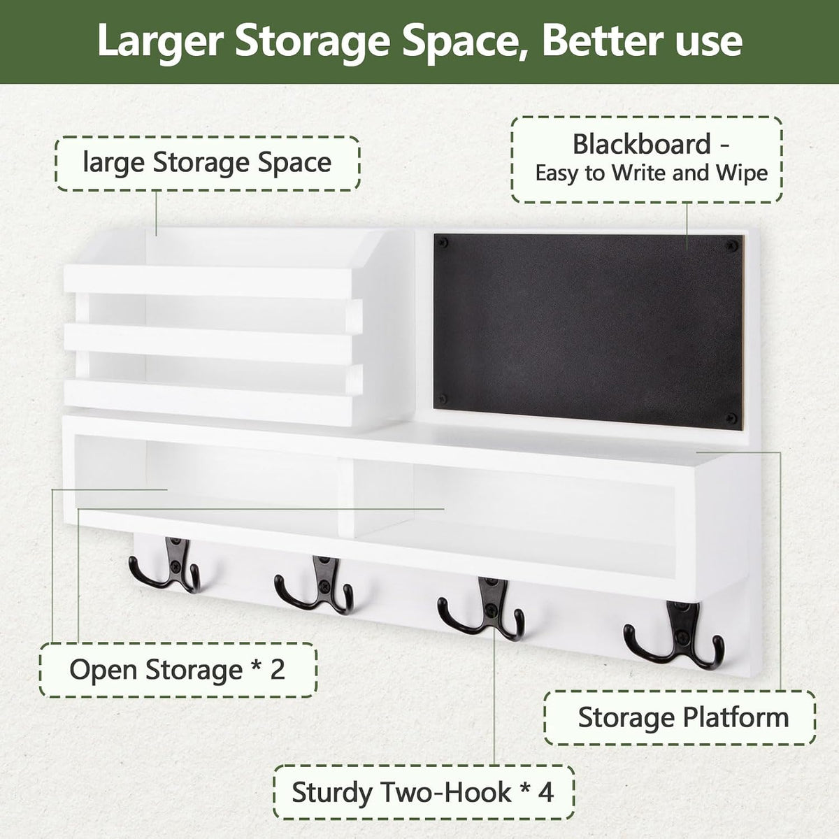 Key Holder for Wall, Wall Mounted Mail Holder Wooden with Shelf & 3 Liquid Chalks & Chalkboard, Mail Sorter Organizer, Rustic Home Decor - Entryway Living Room (15.98”W x 9.1”H x 3.3”D), White