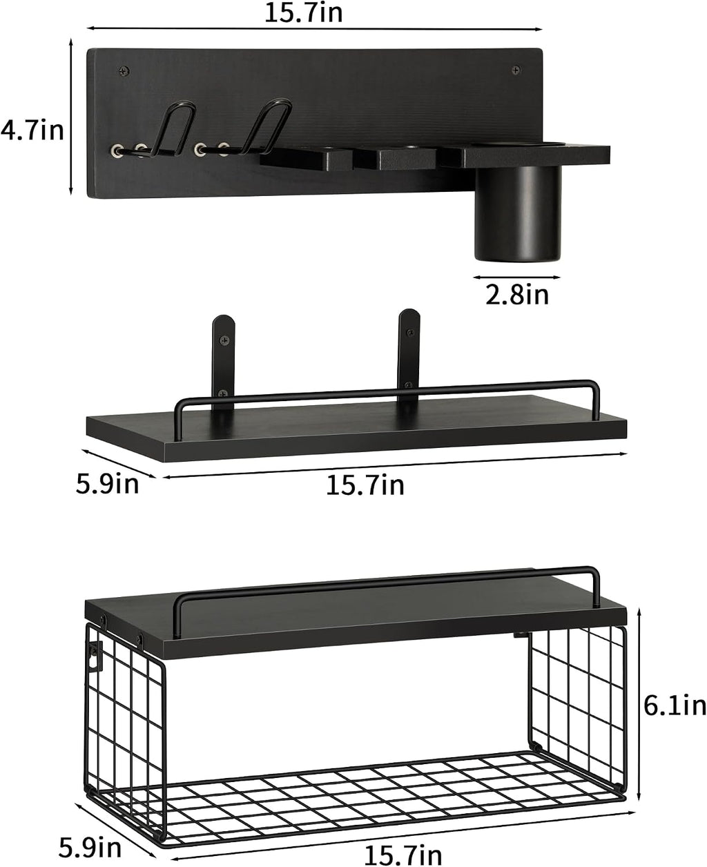 3-Tier Bathroom Floating Shelves with Hair Dryer Holder, Black