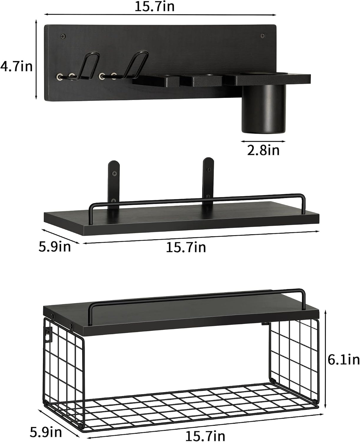 3-Tier Bathroom Floating Shelves with Hair Dryer Holder, Black