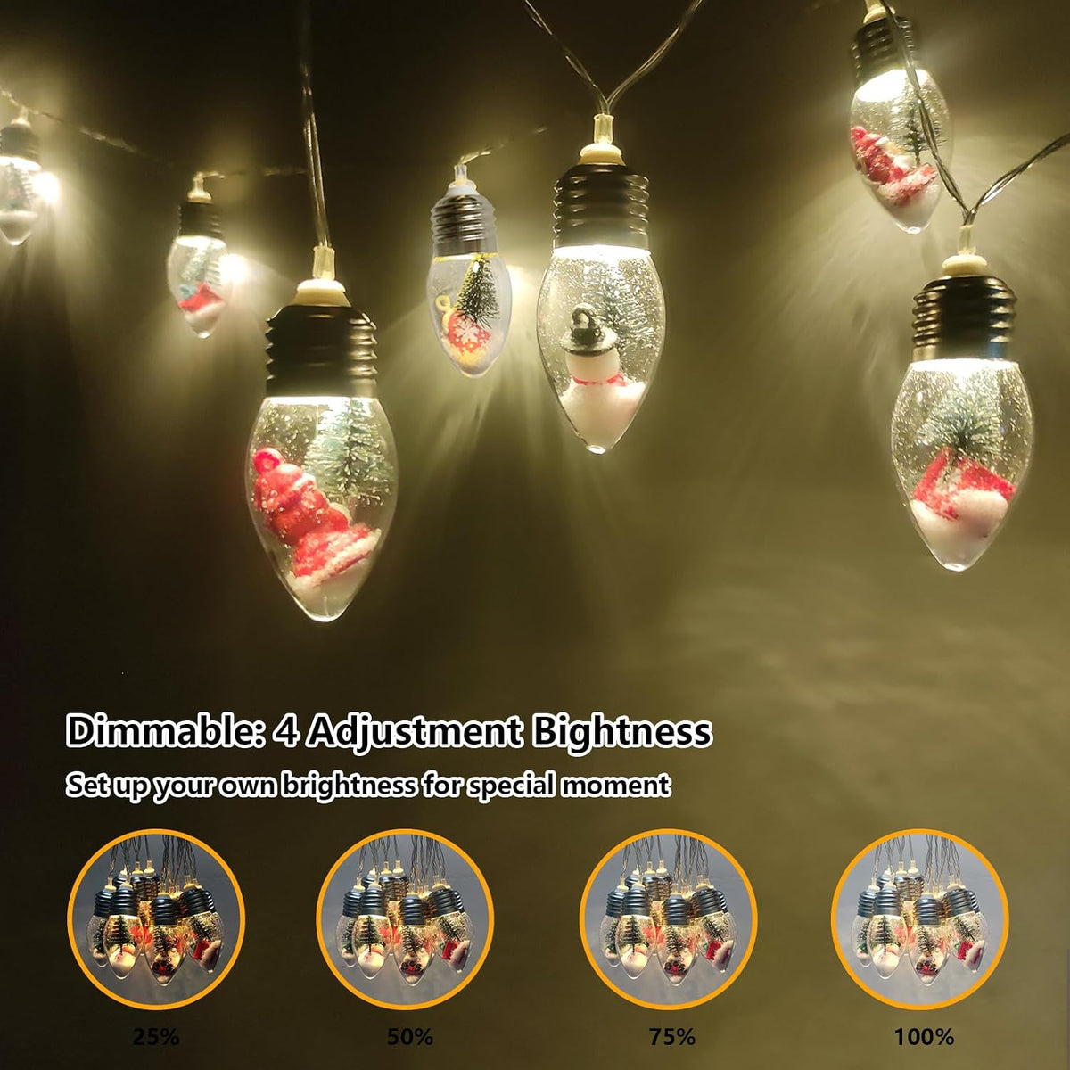 Christmas Lights Indoor 8Ft 12 LED Snow Globe String Lights Battery Operated with Timer, Christmas String Light Indoor for Bedroom Porch Garden Party Fireplace Xmas Decor