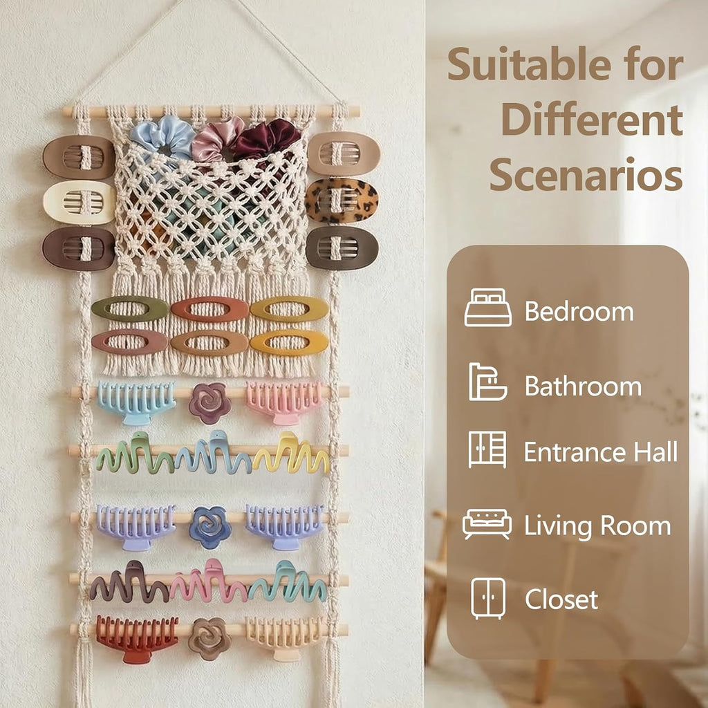 Hysagtek Hair Claw Clip Organizer - Large Capacity Mesh Bag Macrame Scrunchies Holder Hair Ties Organizer Claw Clips Hanger Home Boho Decor for Wall Door Closet