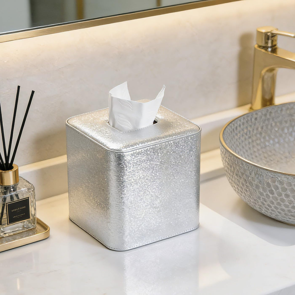GORESE PU Leather Tissue Box Cover Square, Decorative Tissue Box Holder for Kleenexs, Tissue Cover for Vanity, Bathroom, and Office, Elegant Shimmer Cube Tissue Box (Silver)