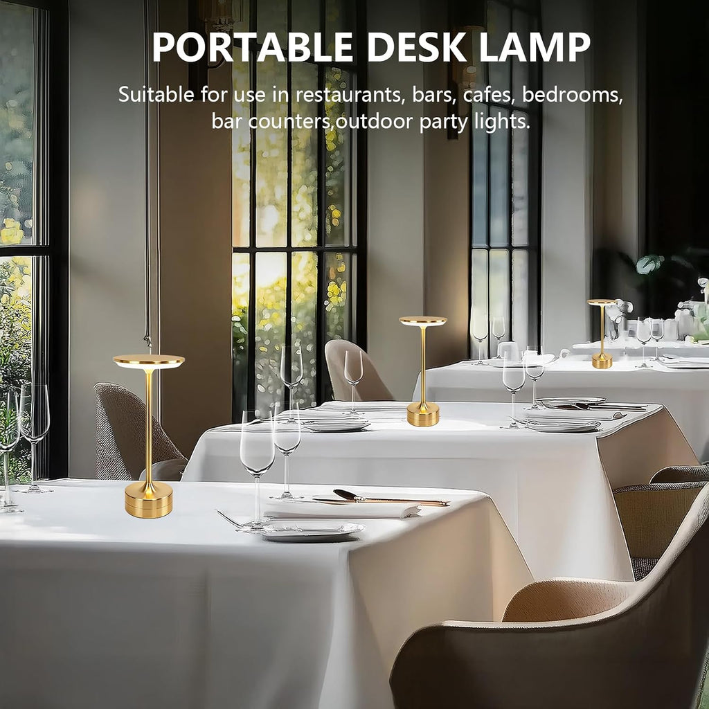 Small Table Lamp, Portable Metal Table Lamp, Cordless Rechargeable Table Lamp , 3 Color Stepless Dimmable Atmosphere Table Lamps for Patio, Camping, Coffee table decor lamp for Indoor/Outdoor（Gold)