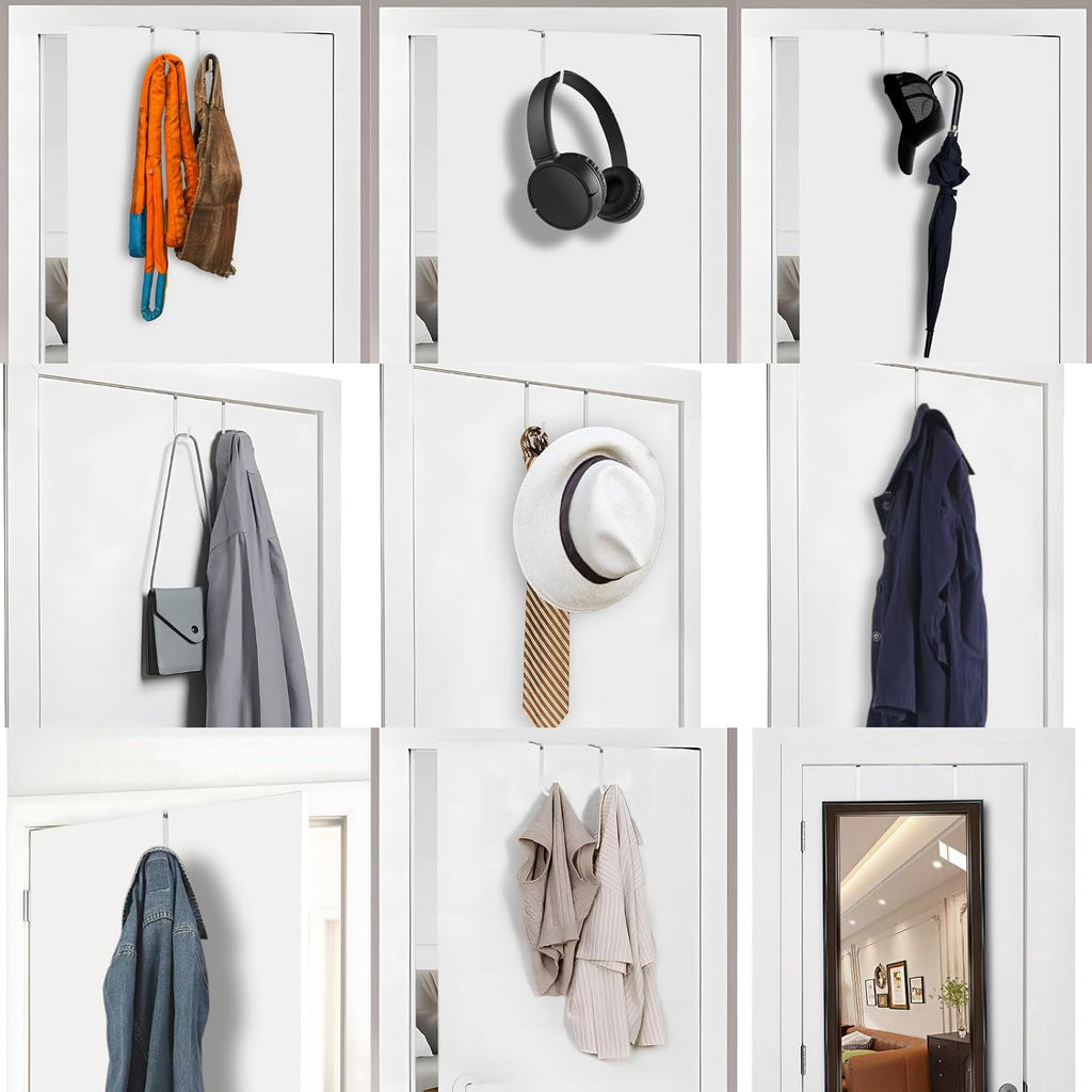 Over The Door Hooks, 4 Pack Steel Door Hangers Hook w/Rubber Coating, Fit 0.7''-1.4'' Door Width, Organizer for Living Room, Bedroom, Bathroom, Kitchen Hanging Clothes, Towels, Hat, Bag