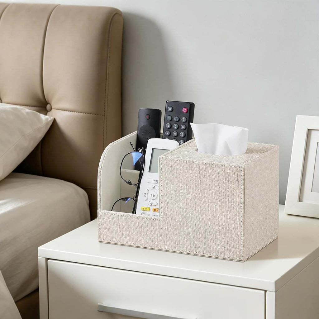 Square Tissue Box Cover with Remote Control Holder, Linen Beige