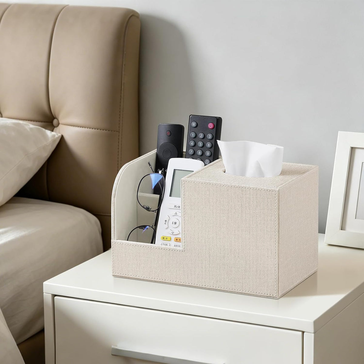 Square Tissue Box Cover with Remote Control Holder, Linen Beige