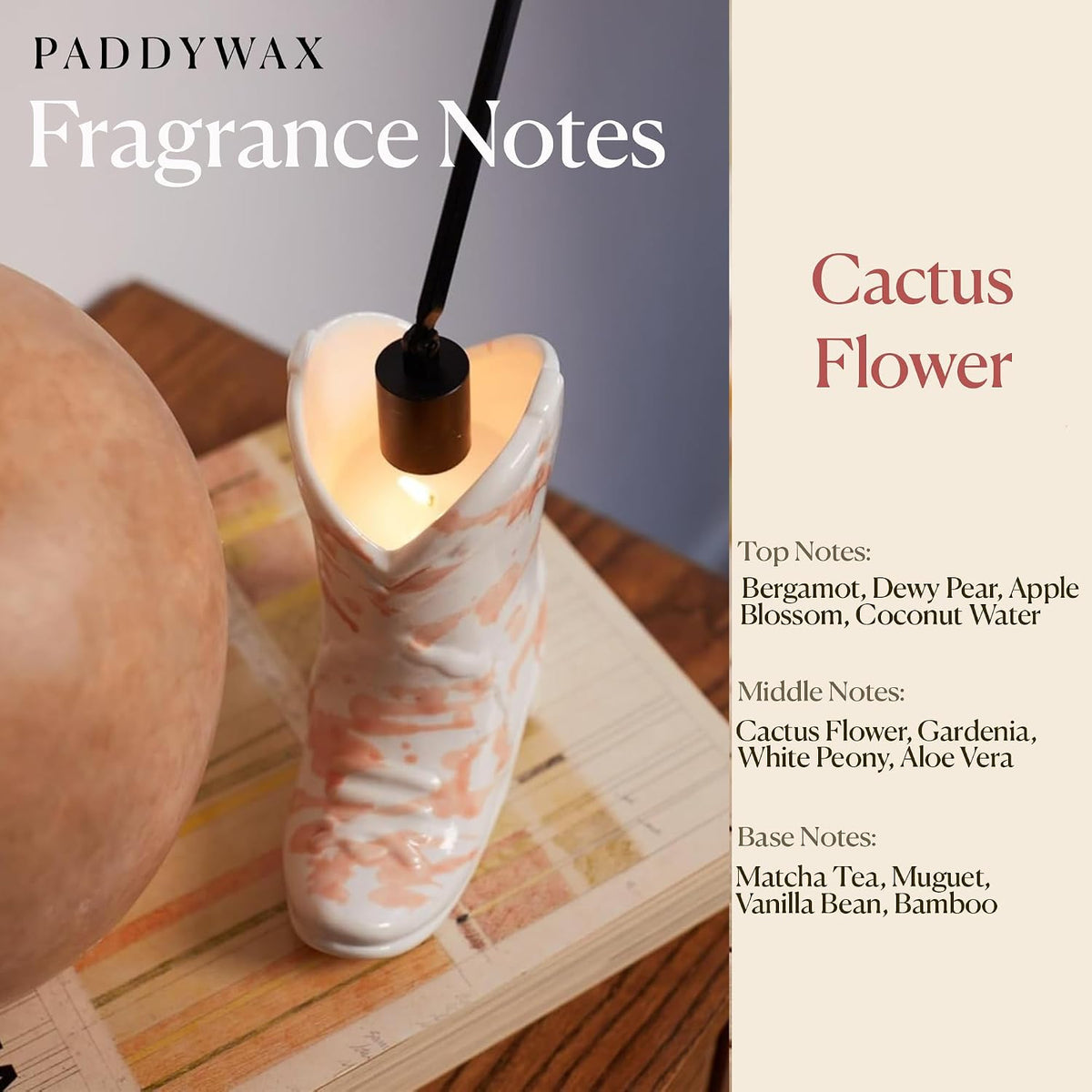 Paddywax Nashville Cowboy Boot Soy Wax Candle, Cactus Flower, 6 oz