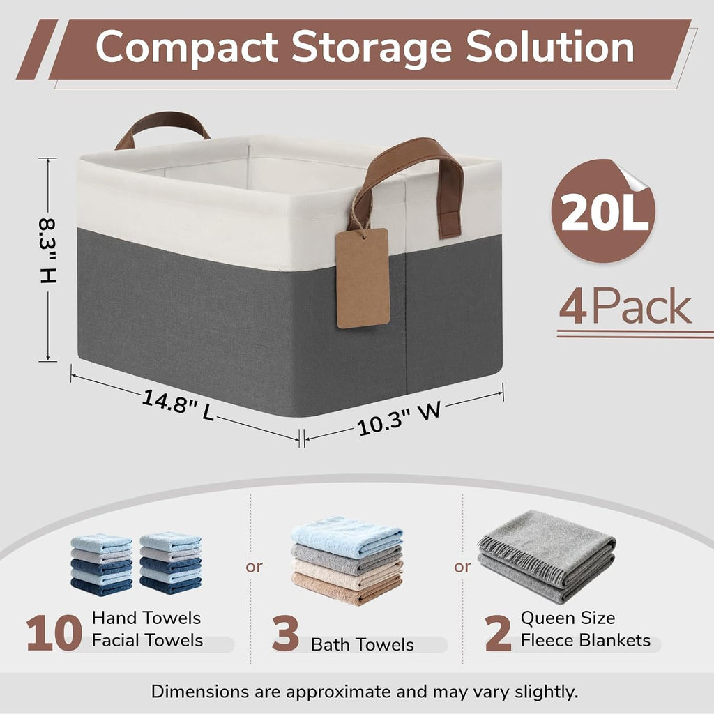 CHICVITA 4 Pack Fabric Storage Bins for Shelves, 20L Gray & White