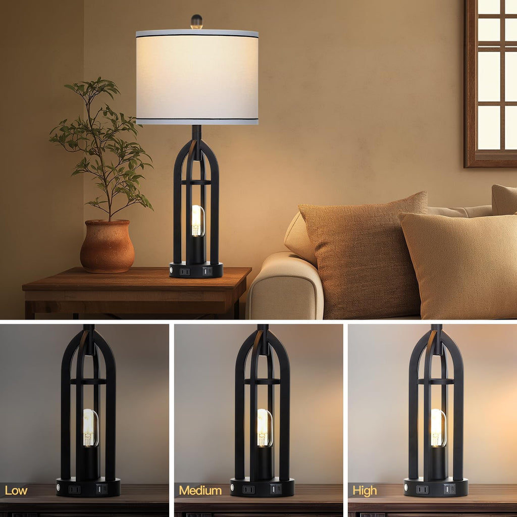 27" Black Table Lamp for Living Room,Black Table Lamps Set of 2 with USB & AC Outlet, 3-Way Dimmable Farmhouse Lamps for Night Stands, Vintage Bedside Lamp for End Tables, Nightstand Lamps for Bedroom