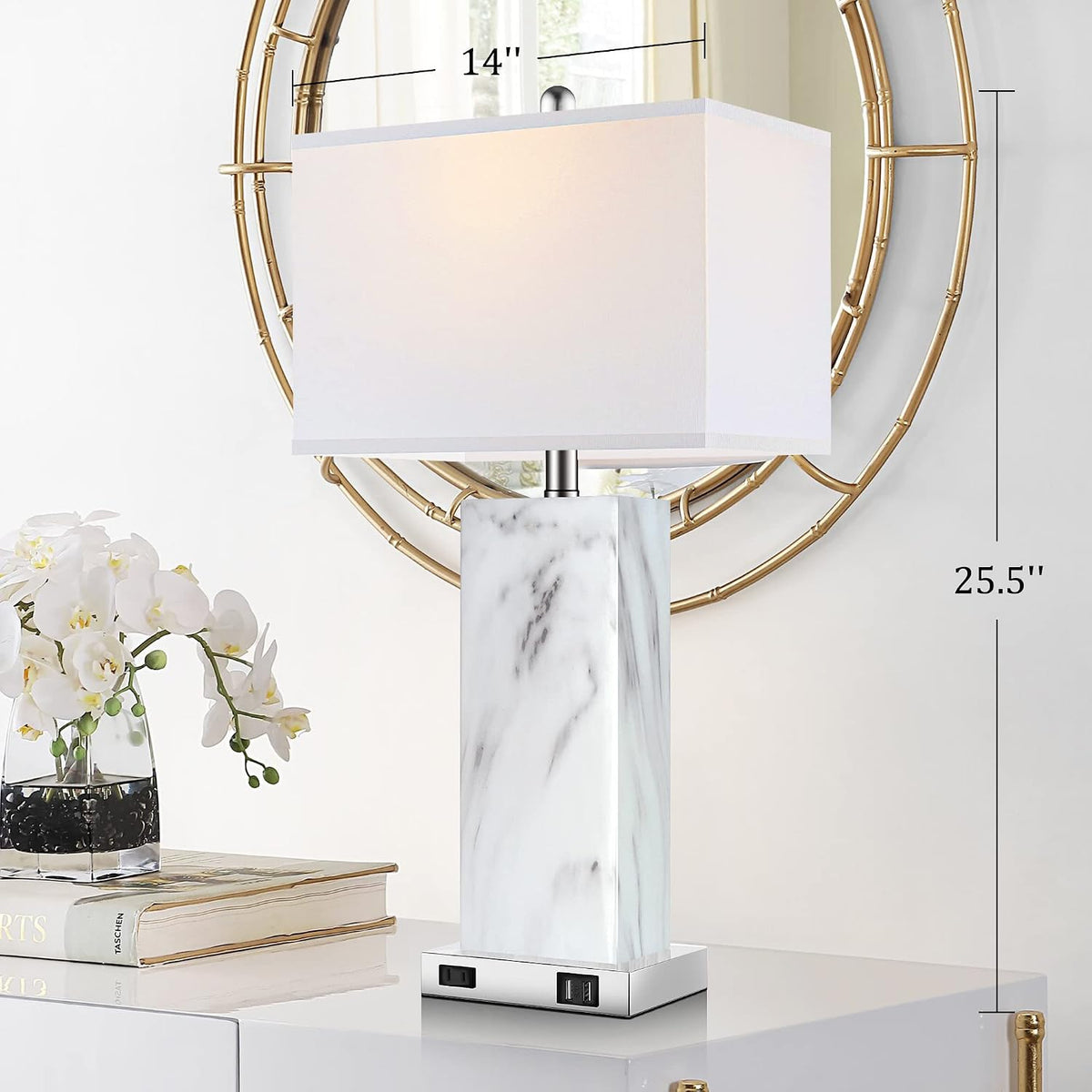 Touch Control Table Lamps Set of 2, Modern Ceramic Bedside Lamp with 2 USB Ports 1 AC Outlet, 3-Way Dimmable White Nightstand Lamp with Fabric Shade for Living Room, Bedroom (LED Bulbs Included)