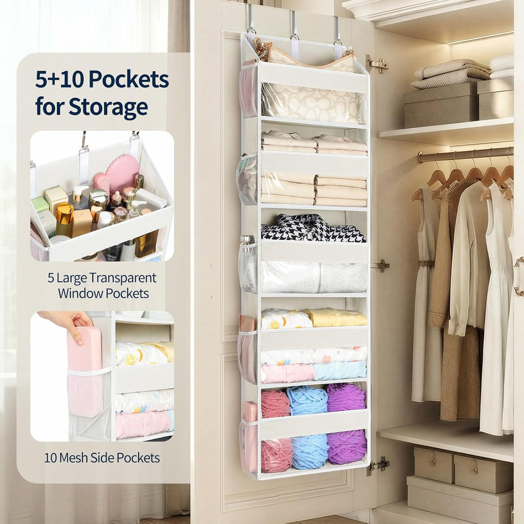 Yecaye 5 Tier Clear Over the Door Organizer Hanging, 5 Large Plastic Pockets and 10 Side Pockets Back of Door Organizer, 56lbs Weight Capacity Behind the Door Storage for Nursery, Ivory White
