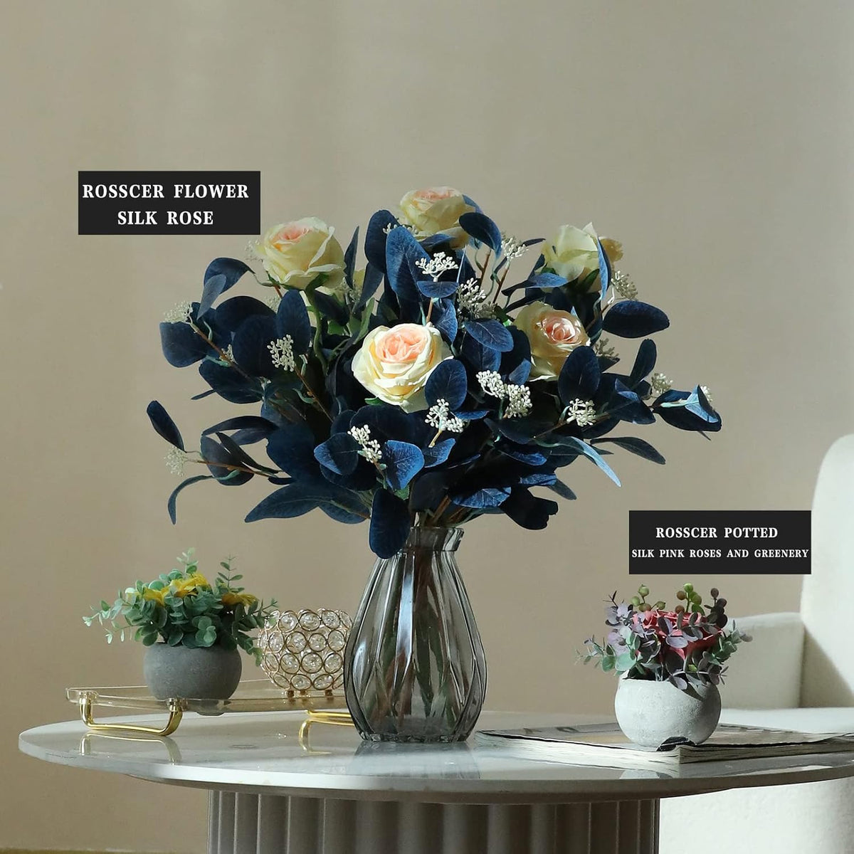 Navy Blue Artificial Eucalyptus Stems, 12Pcs20" Branches with Beige Berries