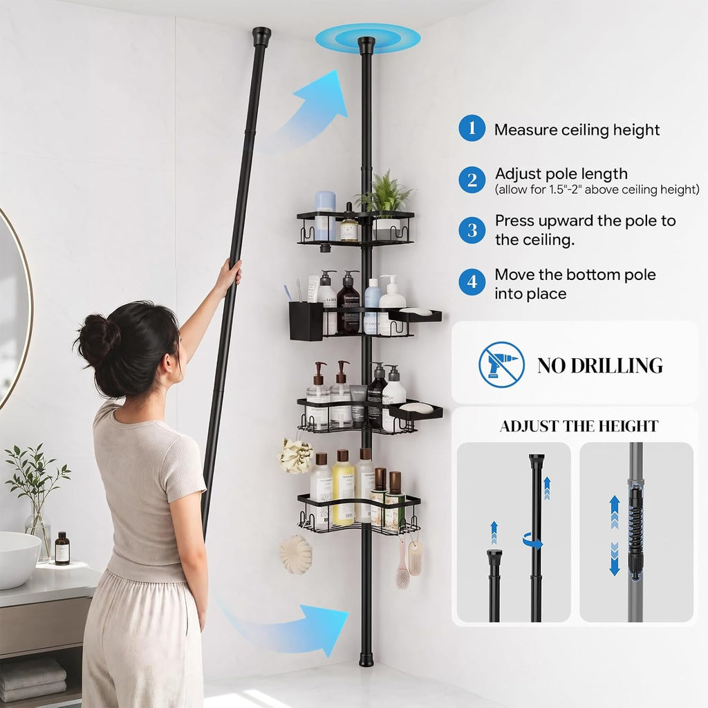 Corner Shower Caddy Tension Pole 4-Tier Rustproof Bathroom Organizer-Black