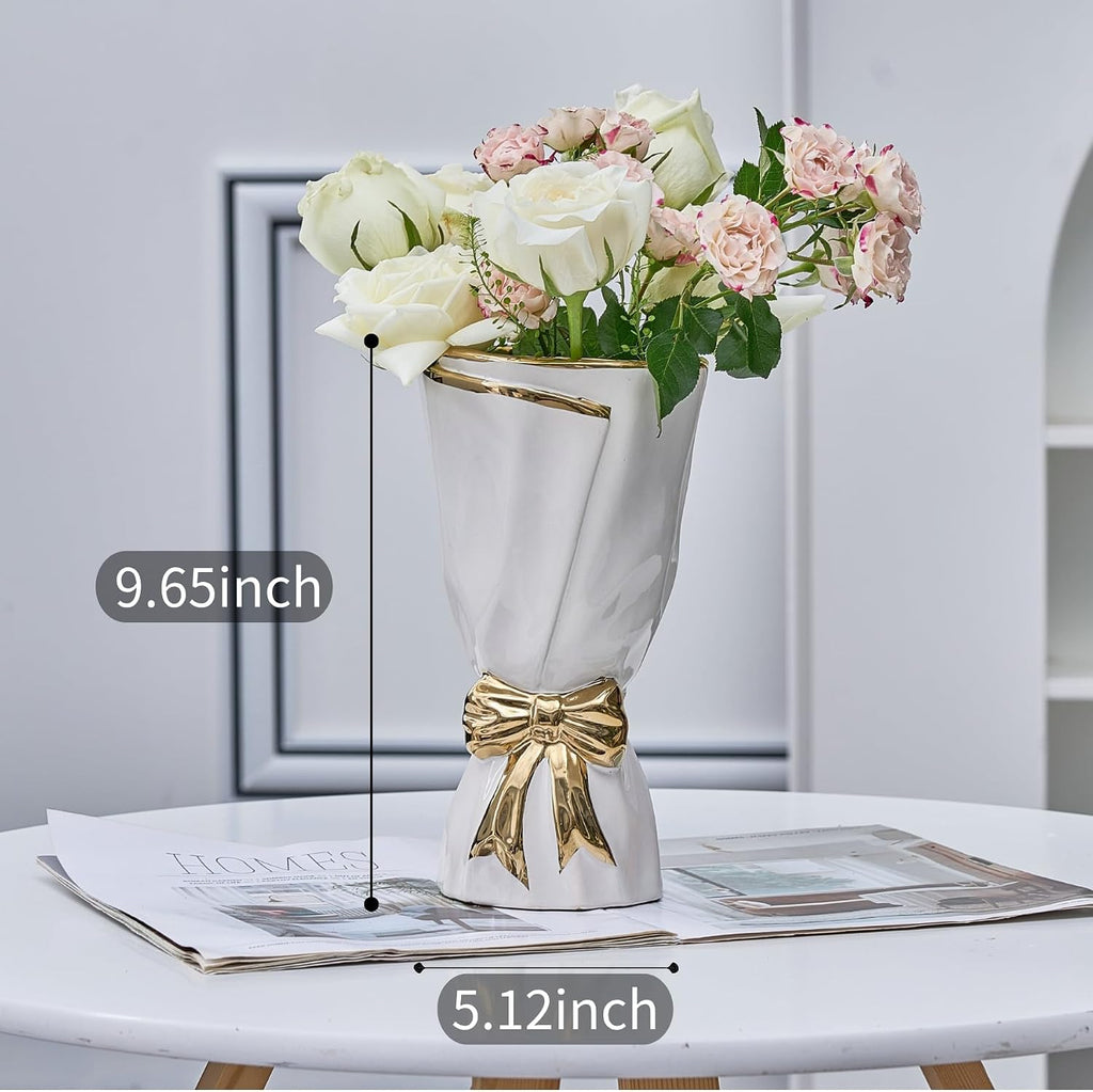 White and Gold Vase, Bow Vase for Home Decor
