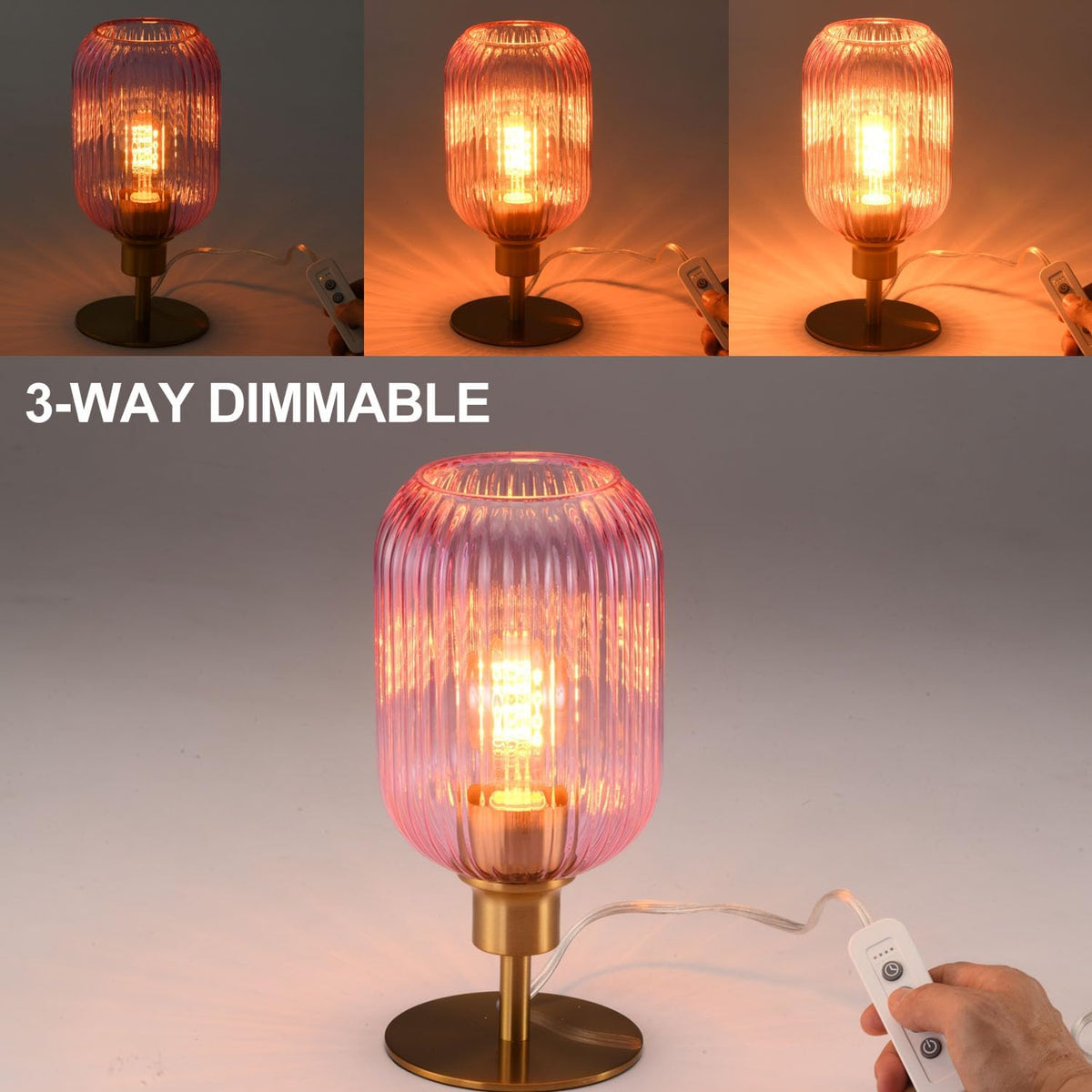 Mid Century Glass Table Lamp, Timer Build-In, Dimmable Desk Lamp, Pink