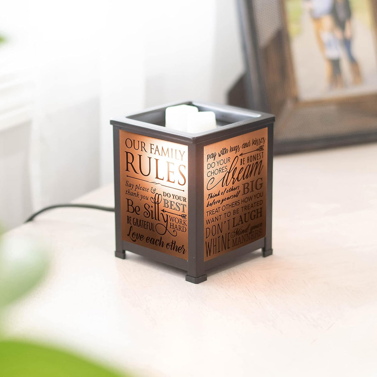 Elanze Designs Family Rules Love Each Other Dream Big Black Metal Electrical Wax Tart & Oil Glass Lantern Warmer