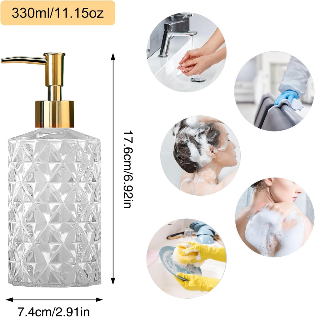 Crystal Glass Soap Dispenser, 330ml/12oz. Clear Glass Lotion Soap Dispenser with Gold Pump, Crystal Design Reusable Hand Soap Dispenser for Kitchen Dish Soap, Shower Gel, Shampoo(4 Pack)