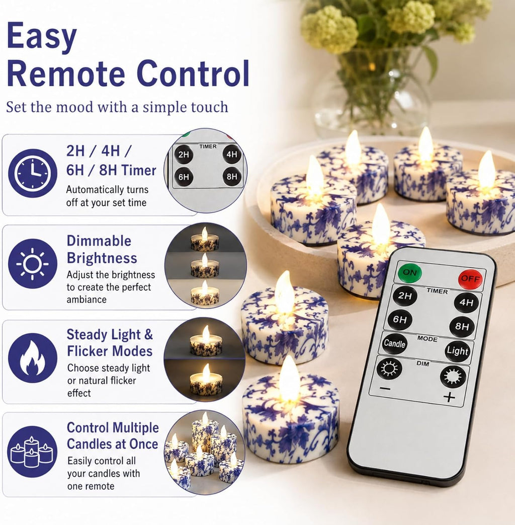 Flameless Tea Lights with Remote & Timer, 12 Pack Blue and White Floral LED Tealight Candles, Battery Operated Dimmable Flickering Lights for Wedding Home Decor