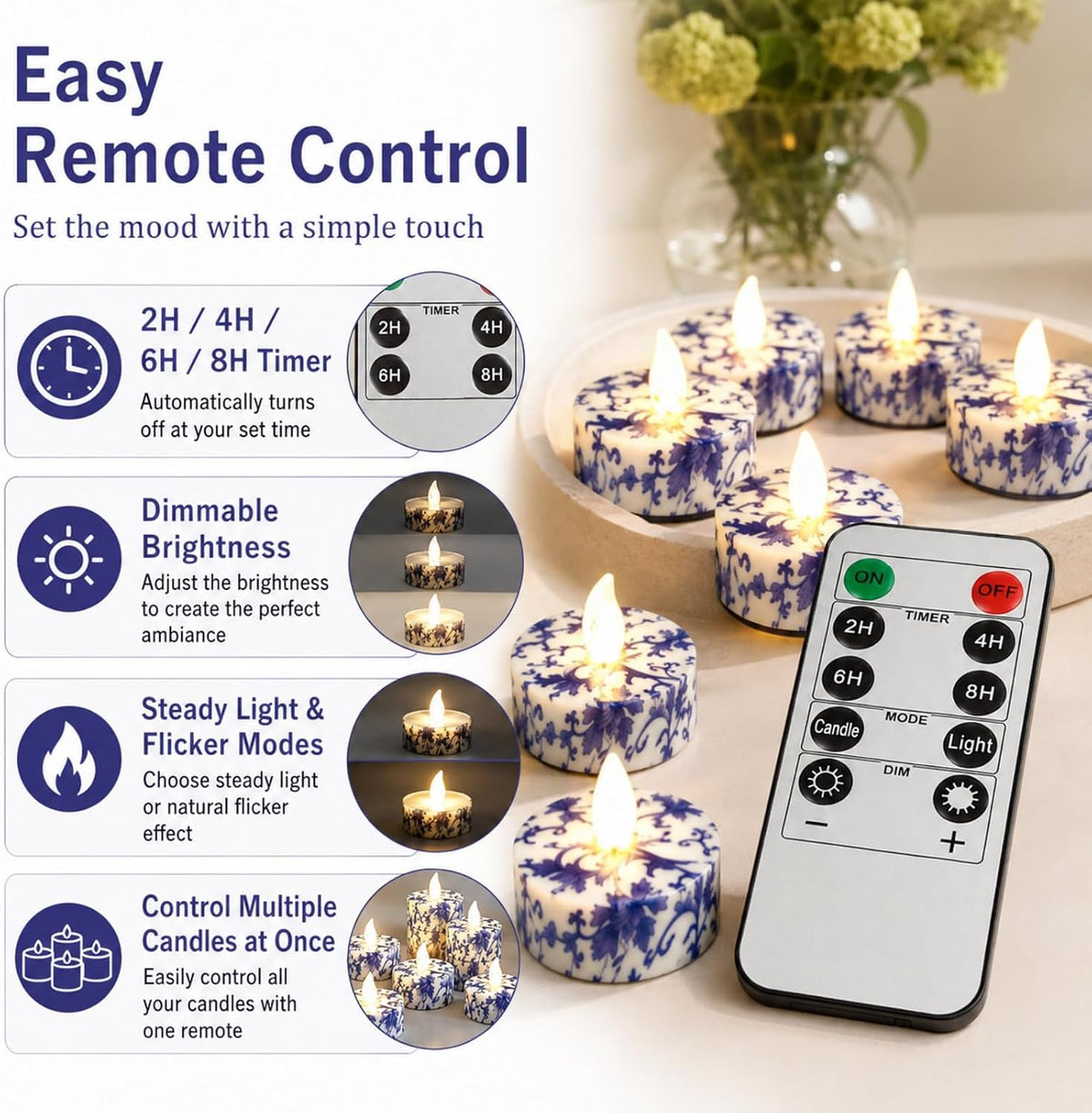 Flameless Tea Lights with Remote & Timer, 12 Pack Blue and White Floral LED Tealight Candles, Battery Operated Dimmable Flickering Lights for Wedding Home Decor