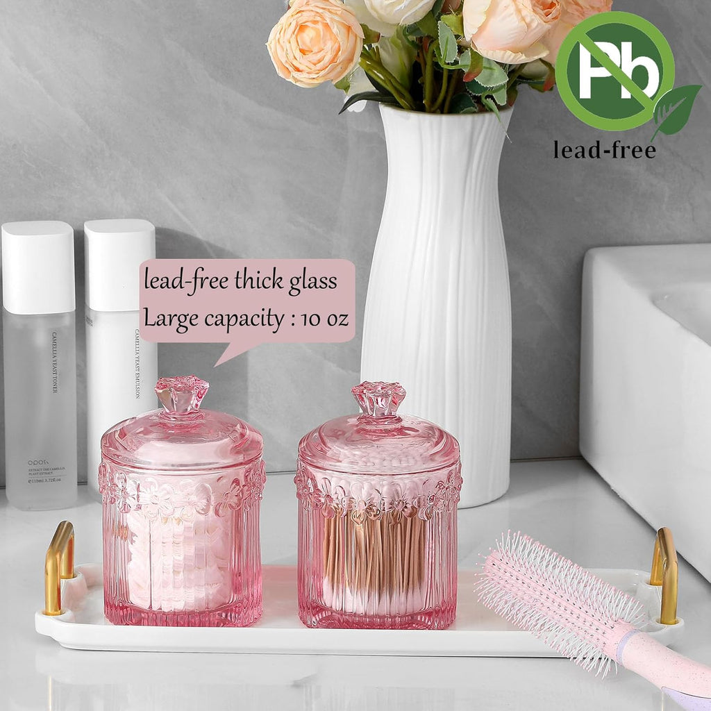 rejomiik 2 Pack Qtip Holder Glass Apothecary Jars with Lids, Pink
