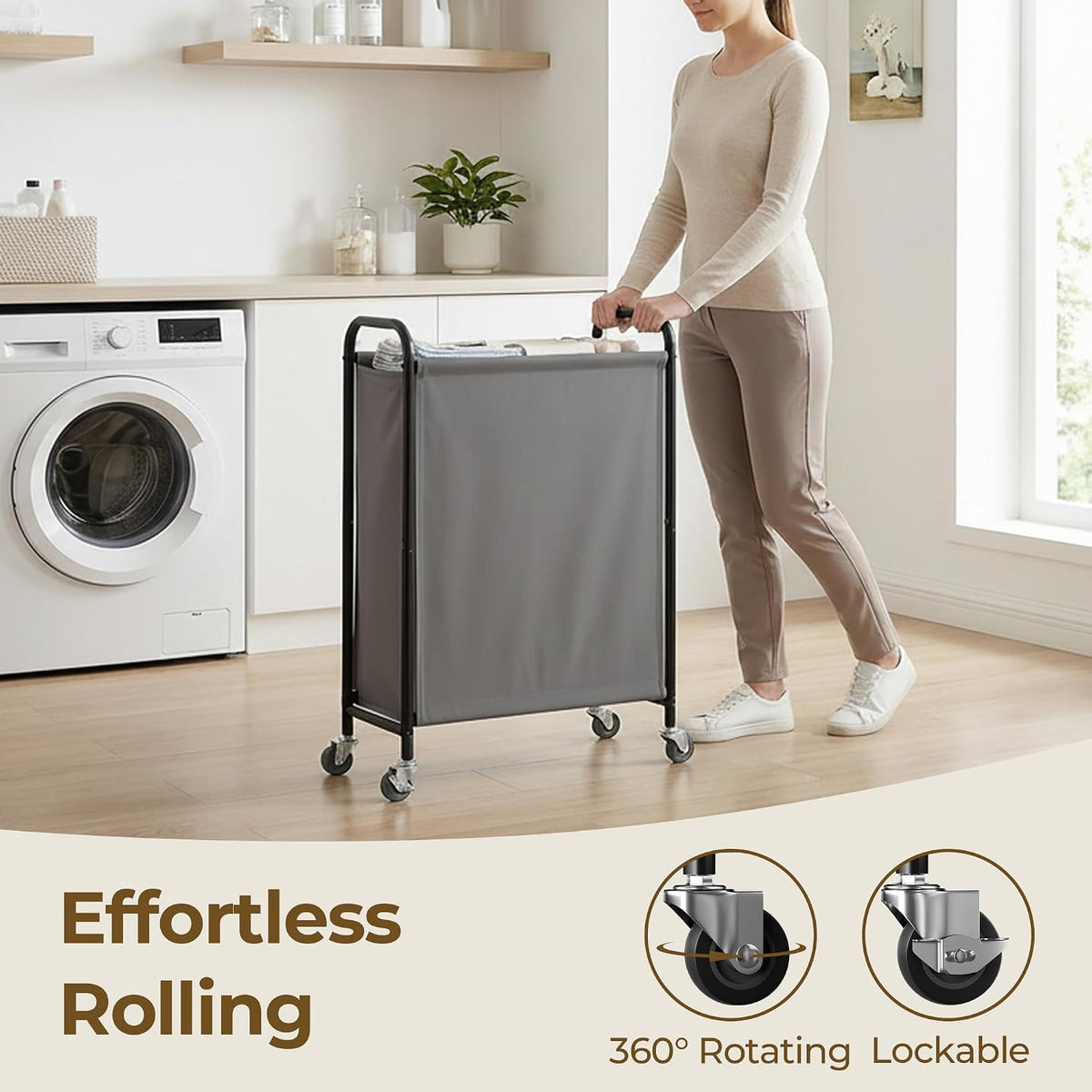 GRANNY SAYS Laundry Hamper, Slim Basket with Wheels and Handles, Grey, 80L
