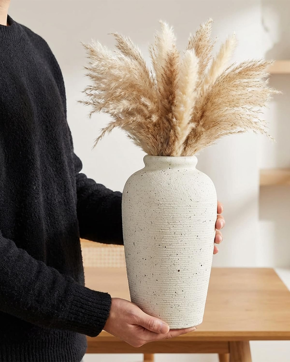 Large Beige Ceramic Vase, 11 Inch Ribbed Speckled Rustic Vase for Decor