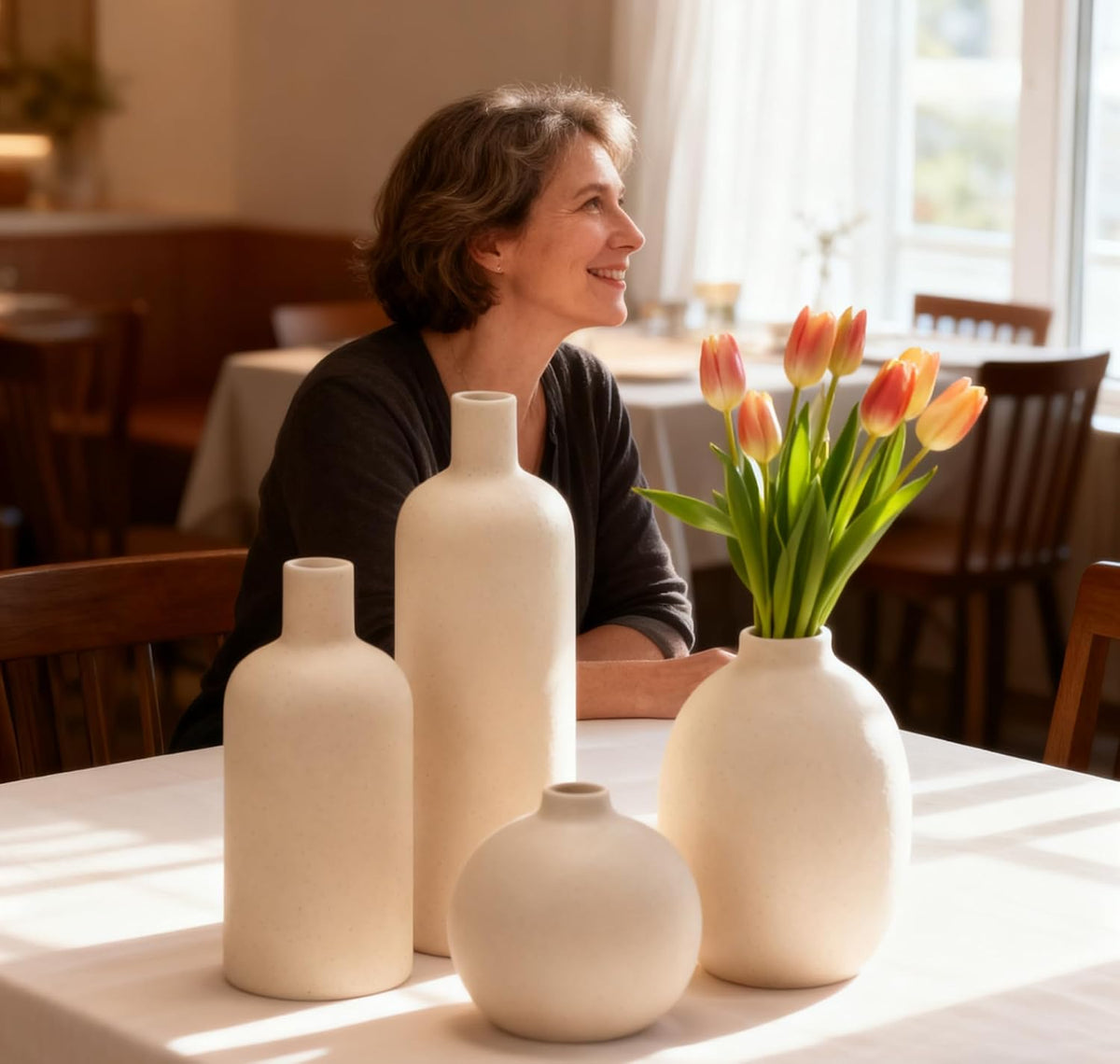 Ceramic Vase Set of 4, Classic Beige White Matte Vases Home Decorations for Table Shelf Office Centerpieces Decor