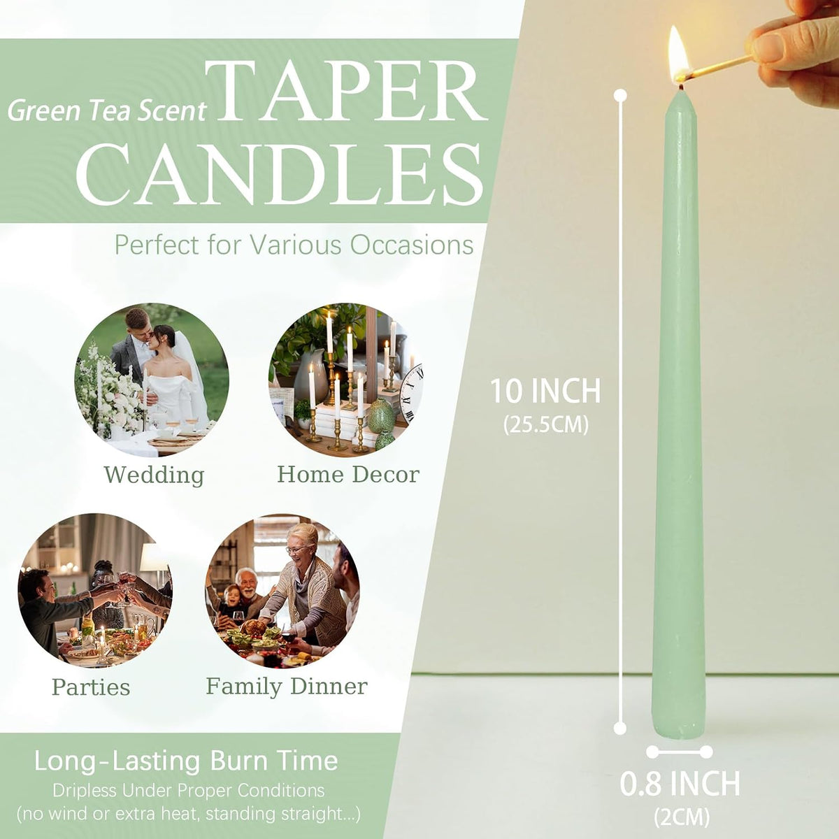 Candlesticks Long Taper Candle,Green Tea Scented 10 Inches Gradient Green Candle Sticks Smokeless Tapered Candles for Home Décor Holiday Gifts