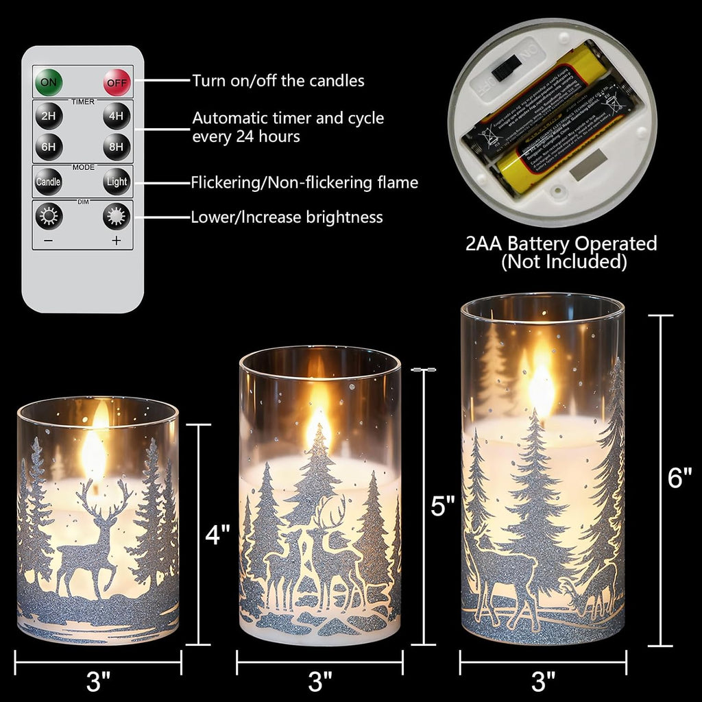 Christmas Deer LED Glass Flameless Candles Battery Operated Remote Timer