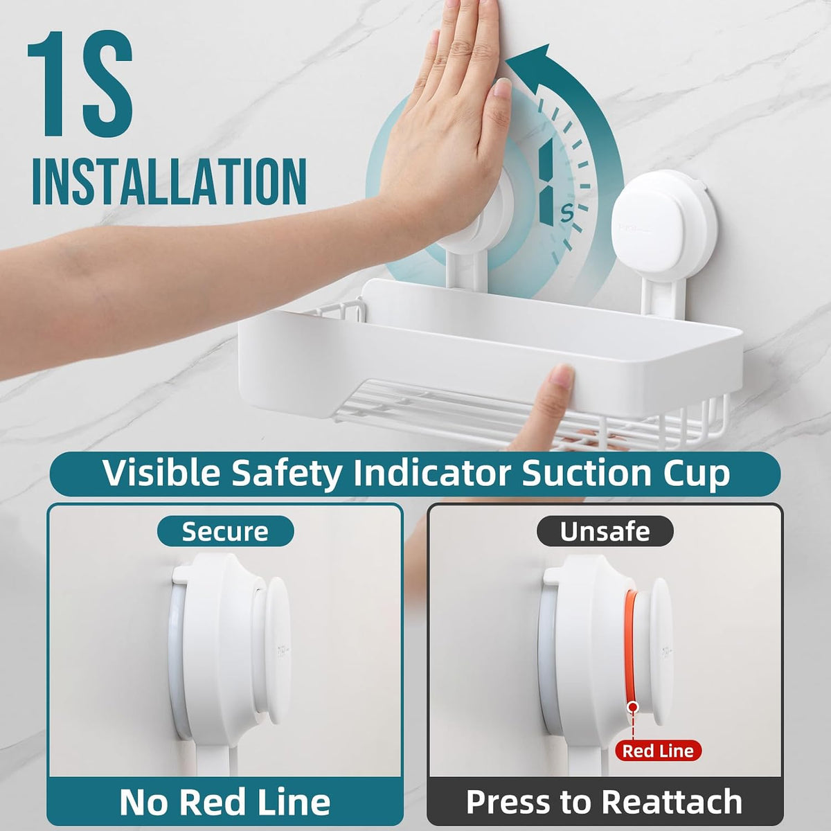 TAILI Shower Caddy Suction Cup Rustproof Metal Visible indicator White