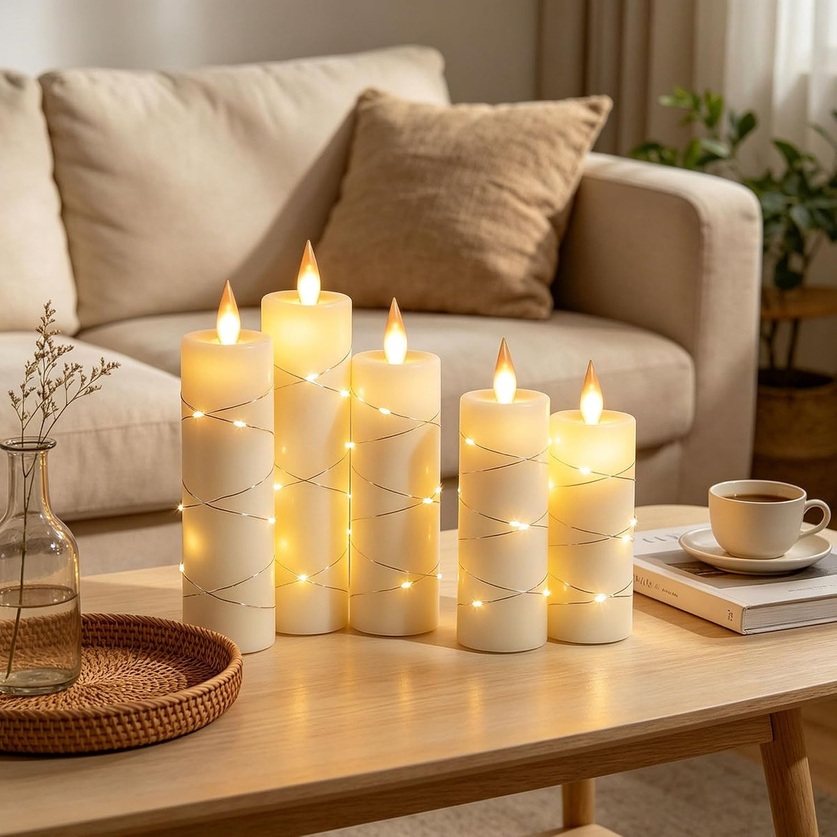 Da by 5 Pack Ivory Real Wax Flameless Taper Candles, Lifelike Flickering LED Flame Candles with Surrounding Fairy String Lights, Battery Candles with Remote for Home Wedding Holiday Decor