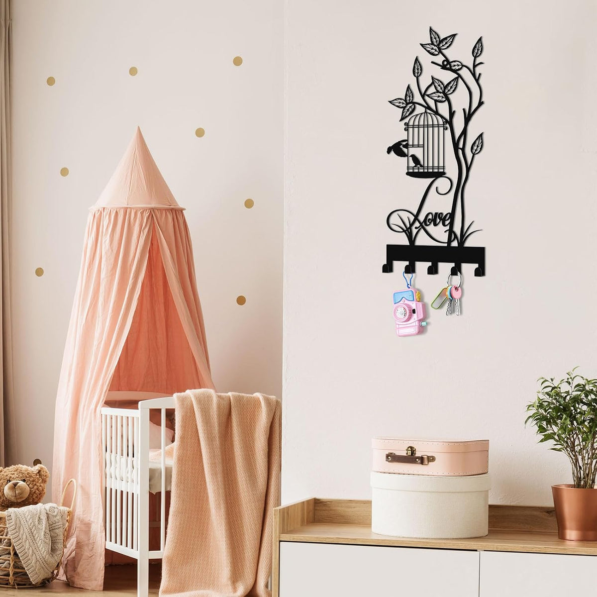 Key Holder for Wall, Metal Key Holder Hooks Organizer Rack, Key Organizer Wall Decorative with 5 Hooks for Entryway, Front Door, Hallway, Bedroom, Office (12 Inches, Birdcage)