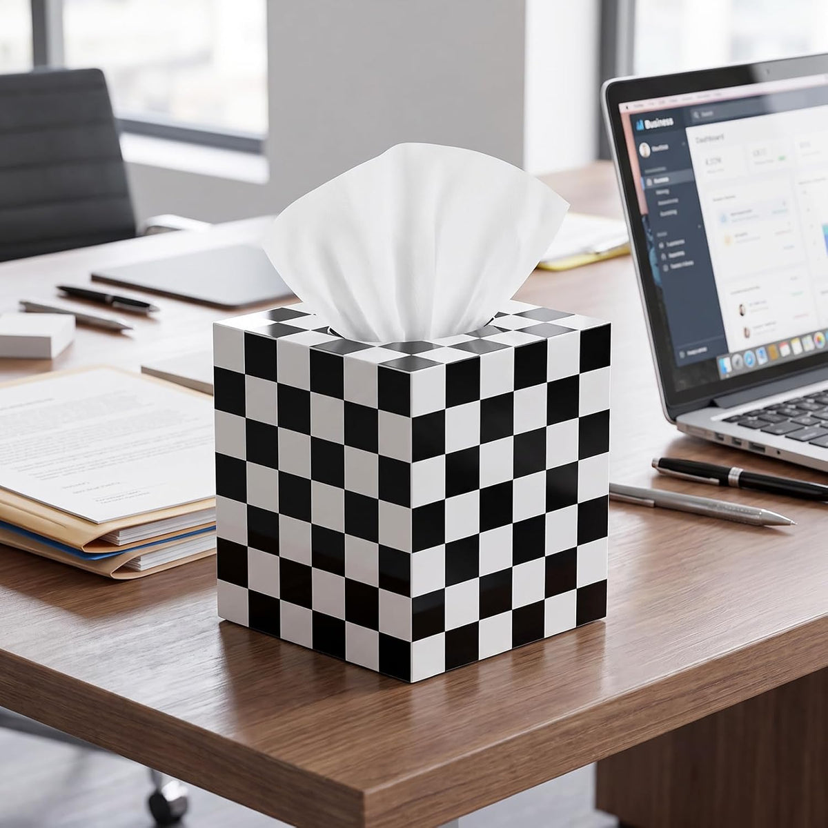 Tissue Box Cover, Square, Classic Checkerboard Pattern, Plastic, Modern