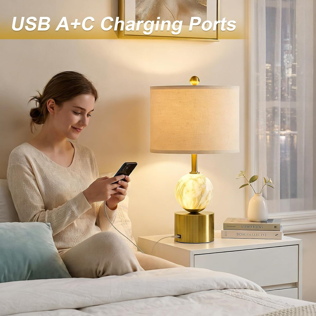 Oneach 20.5" Small Bedside Table Lamps for Bedroom Nightstands, Gold Glass Modern Table Lamps Set of 2 with USB A+C Charging Port, Night Light, Luxury Lamps for Living Room End Table(Bulbs Included)