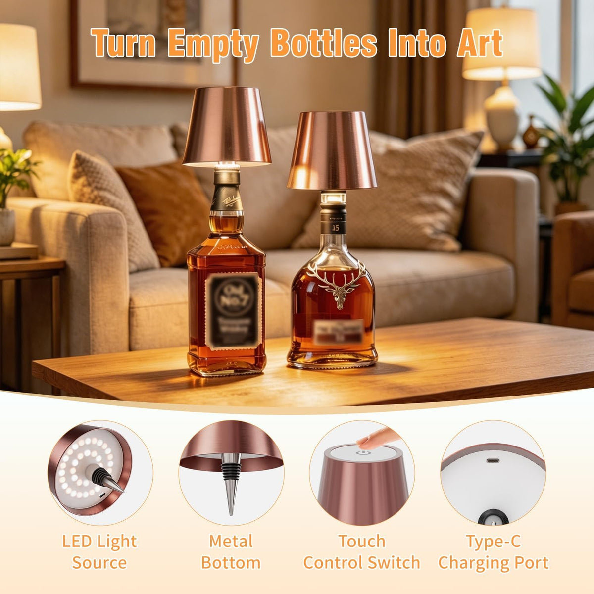Wireless Bottle Lamp, Wireless Bottle Lamp Shade with 3 Color Temperature, Rechargeable Stepless Dimming LED Wine Bottle Lights for Any Bottle, Desk Lamp for Bedroom Restaurant Bar - Gold