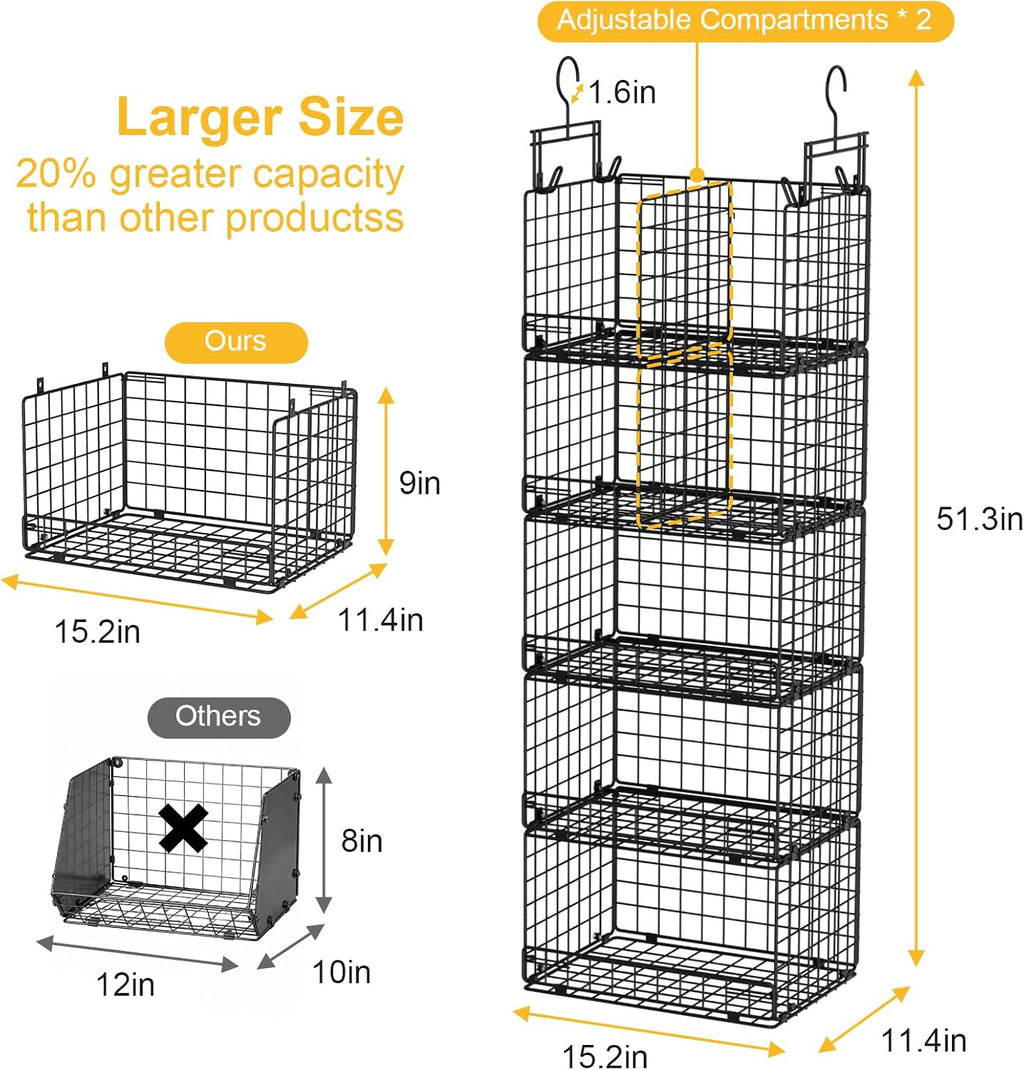 VyGrow 5 Tier Hanging Closet Organizer with Adjustable Dividers, Heavy-Duty Storage Shelves for Clothing, Kitchen, Laundry Room, Extra Large Baskets, 15.7" W x 11.8" D x 51" H, Black
