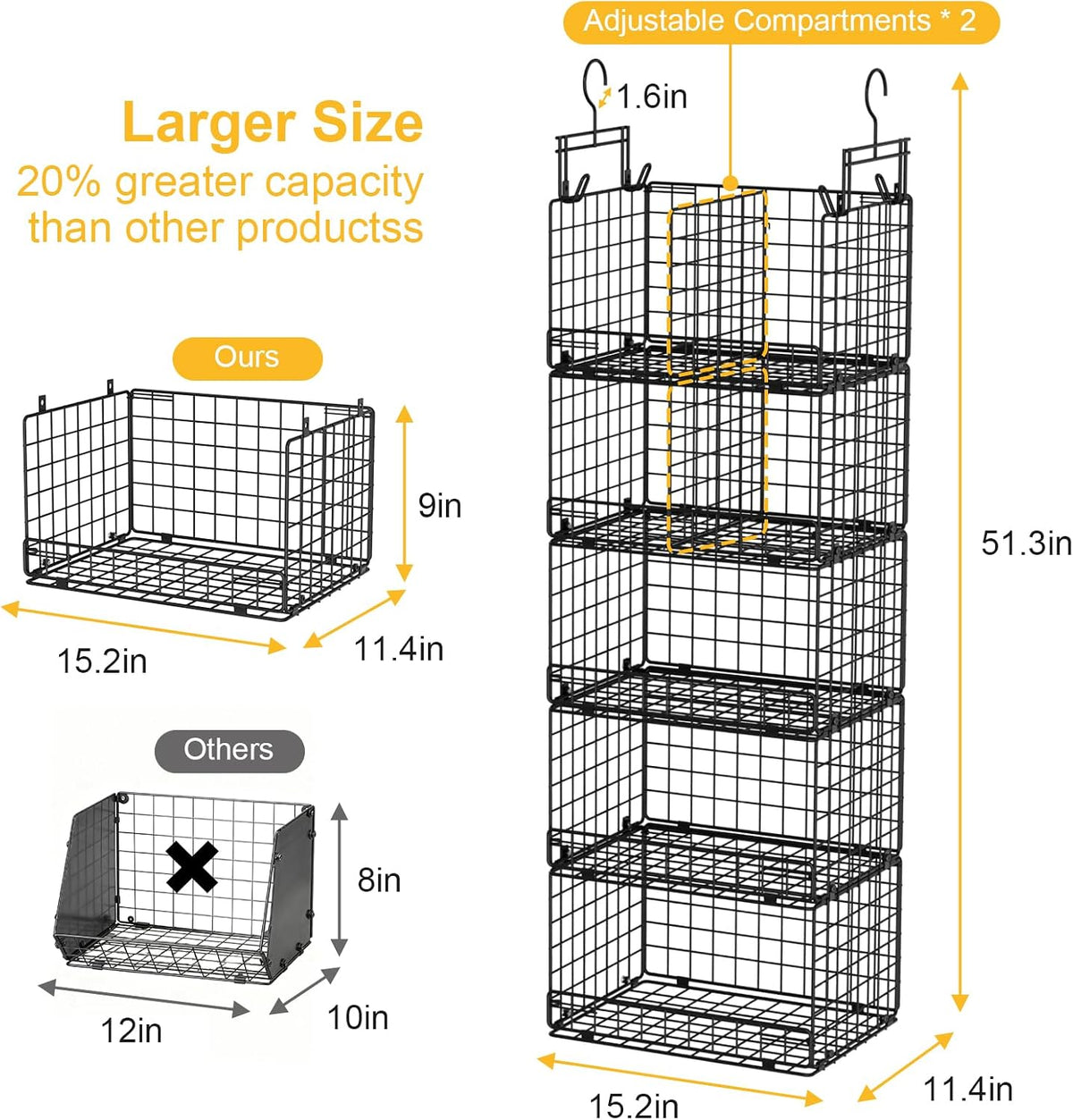 VyGrow 5 Tier Hanging Closet Organizer with Adjustable Dividers, Heavy-Duty Storage Shelves for Clothing, Kitchen, Laundry Room, Extra Large Baskets, 15.7" W x 11.8" D x 51" H, Black