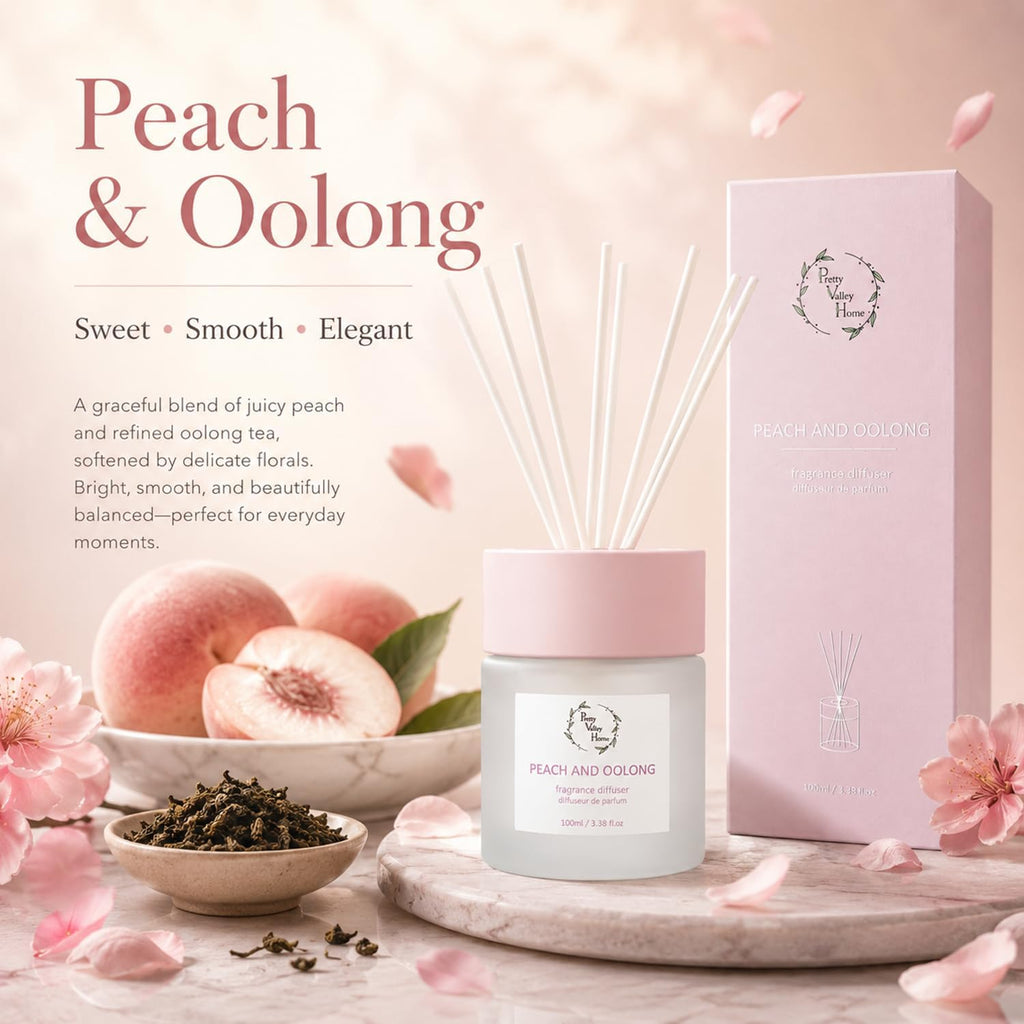 Reed Diffuser Set, Pretty Valley Home Diffuser 100Ml / 3.38fl OZ Gift Box - Includes Reed Diffuser Sticks, Fragrance Oil, and Glass Bottle for Bathroom Office Living Room Decor (White Peach & Oolong)