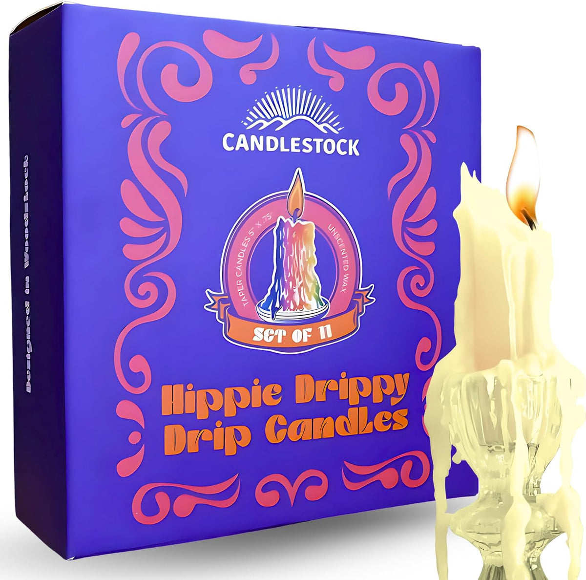 Candlestock Hippie Drippy Drip Candles - Pack of 11 Dripping Taper Candles - Wine Bottle Melting Candles (Ivory)