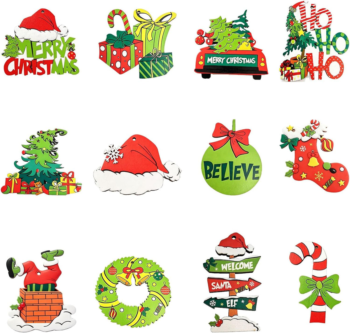 36Pcs Wooden Christmas Hanging Ornaments Set, 12 Styles Retro Cartoon Xmas Tree Decorations, Red Green Classic Color Indoor Home Holiday Decor, Bulk Small Wooden Ornaments for Tree Mantel Party Decor